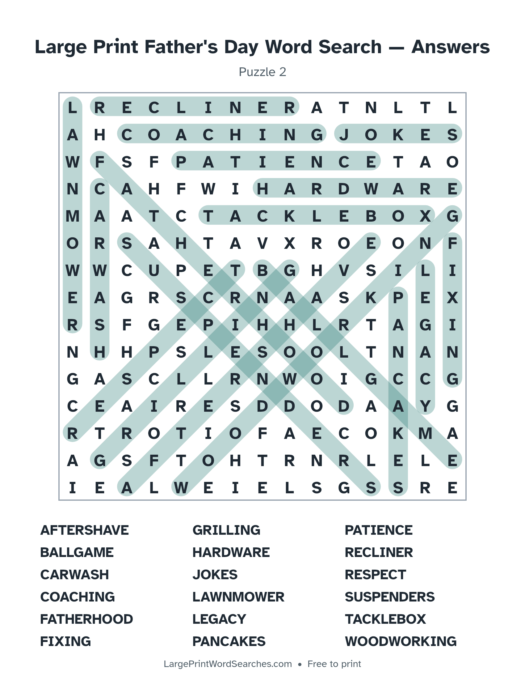 Answer key for large print father's day word search puzzle 2 with every hidden word highlighted