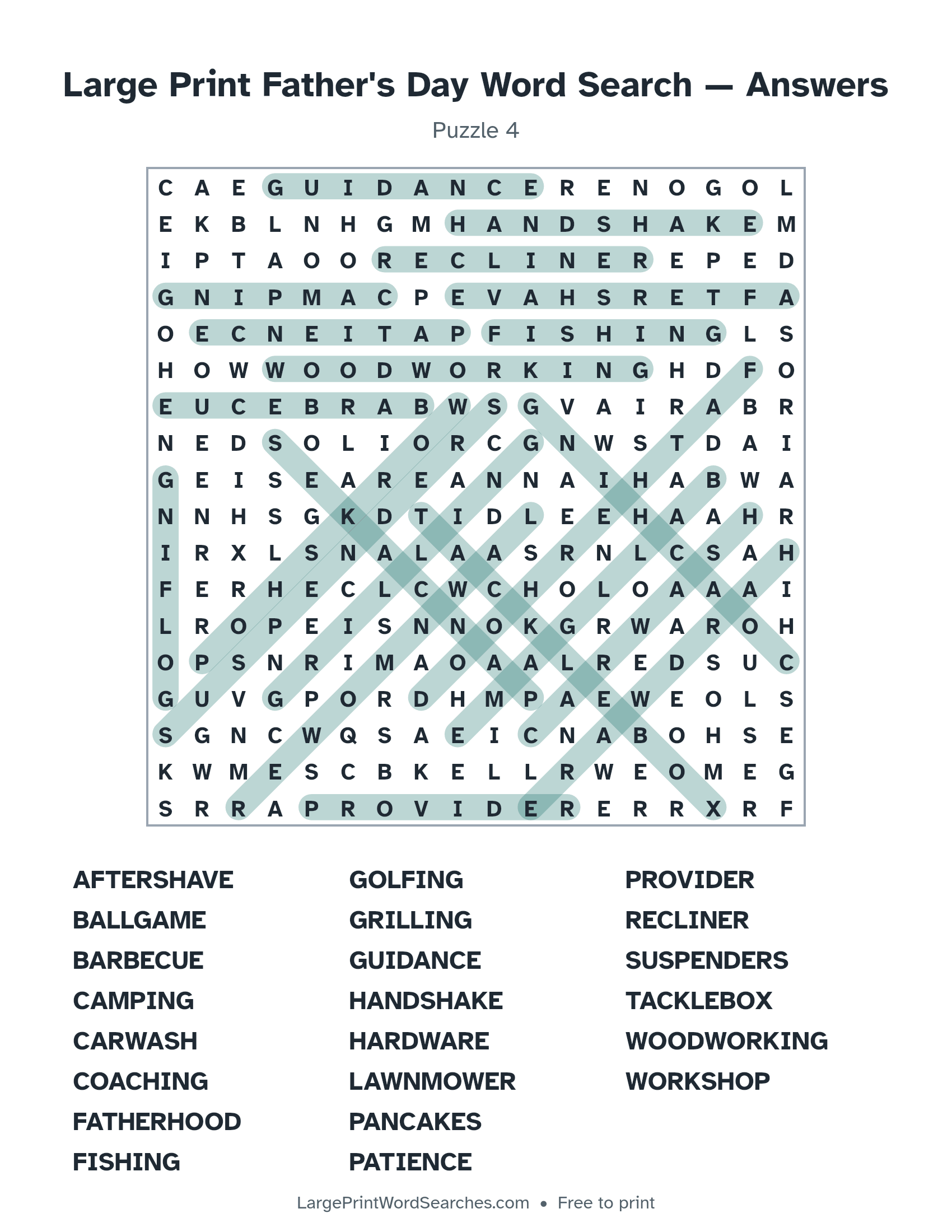 Answer key for large print father's day word search puzzle 4 with every hidden word highlighted