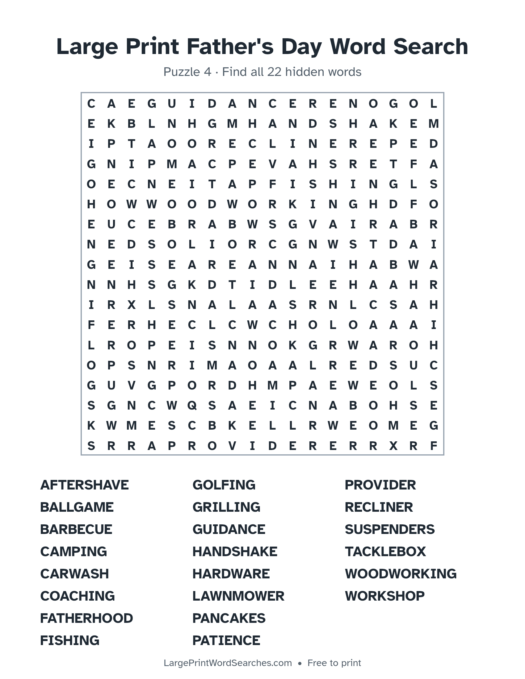 Large Print Father's Day Word Search puzzle 4: a 18 by 18 letter grid with 22 hidden words in large print