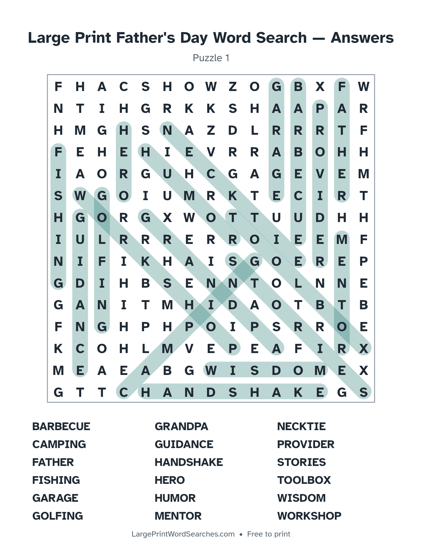 Answer key for large print father's day word search puzzle 1 with every hidden word highlighted