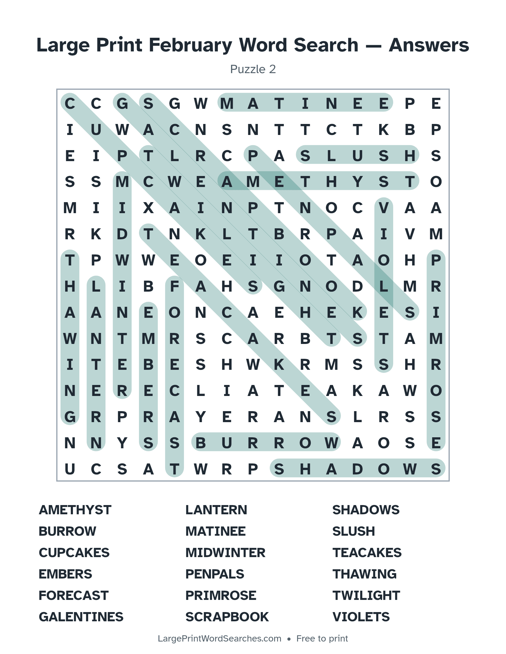 Answer key for large print february word search puzzle 2 with every hidden word highlighted