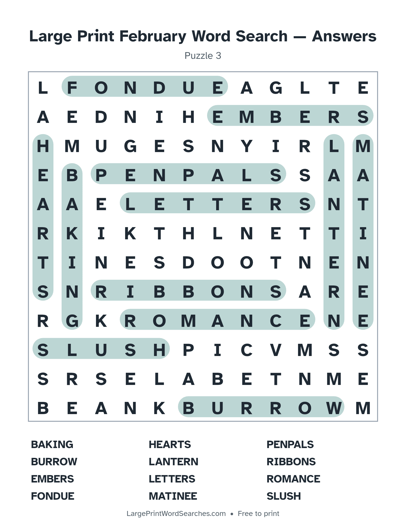 Answer key for large print february word search puzzle 3 with every hidden word highlighted