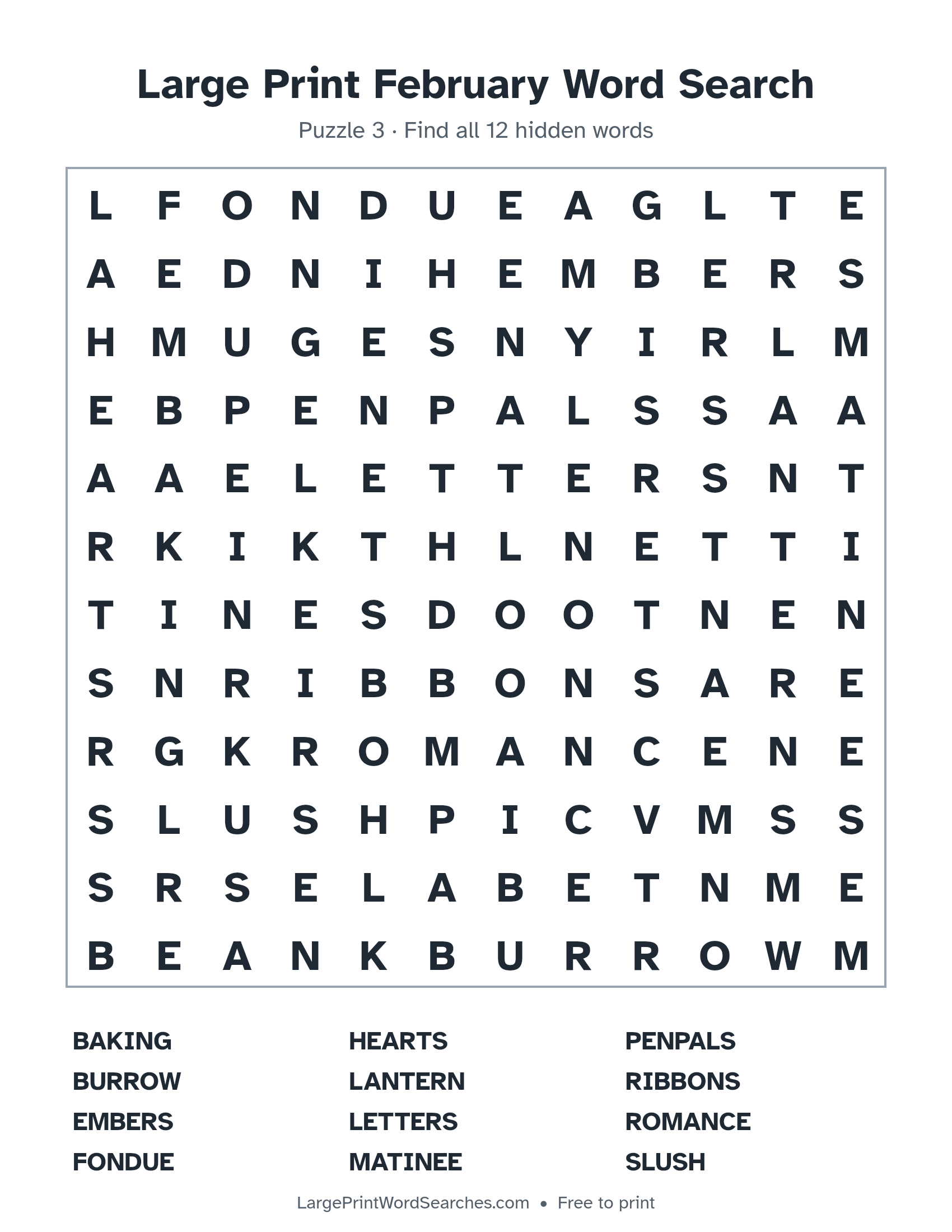 Large Print February Word Search puzzle 3: a 12 by 12 letter grid with 12 hidden words in large print