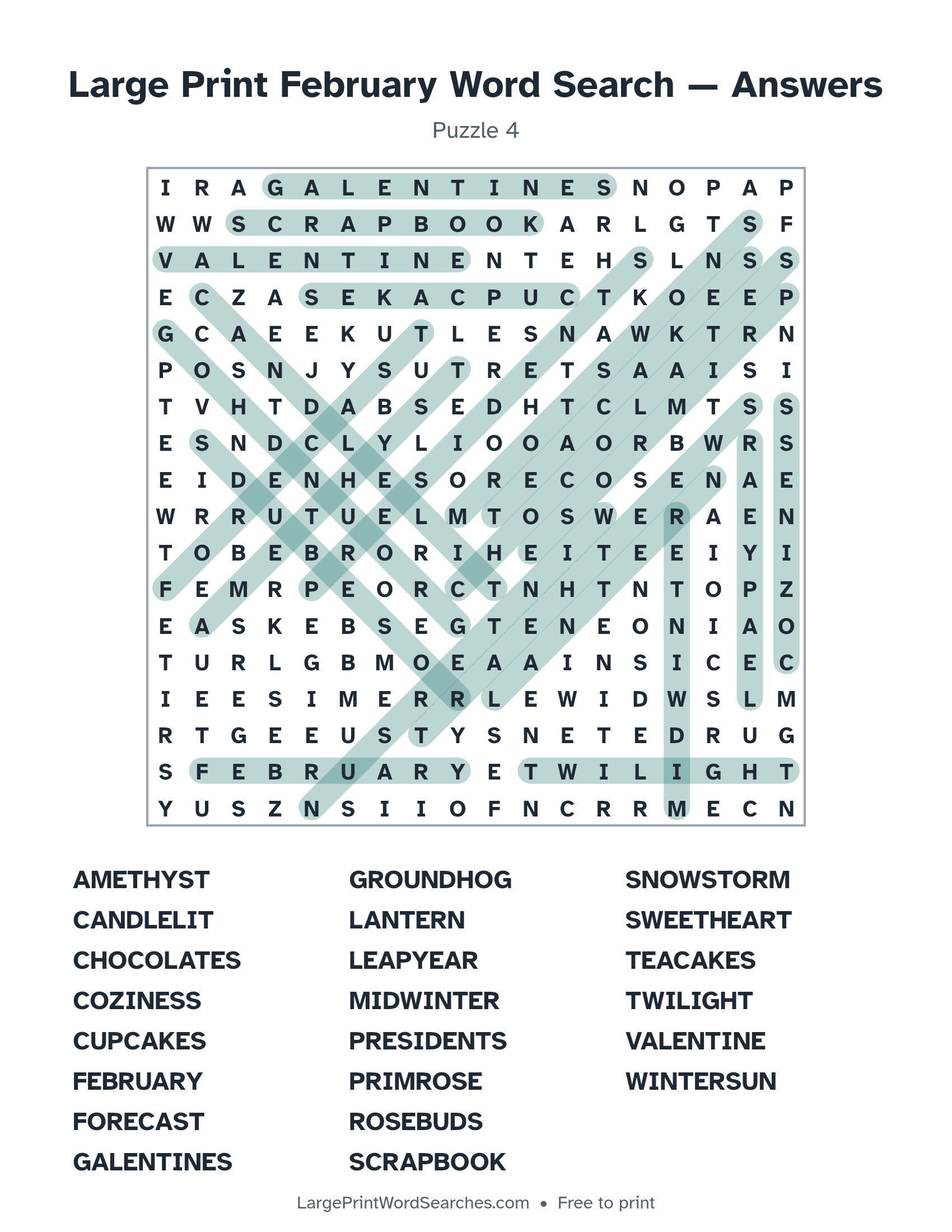 Answer key for large print february word search puzzle 4 with every hidden word highlighted