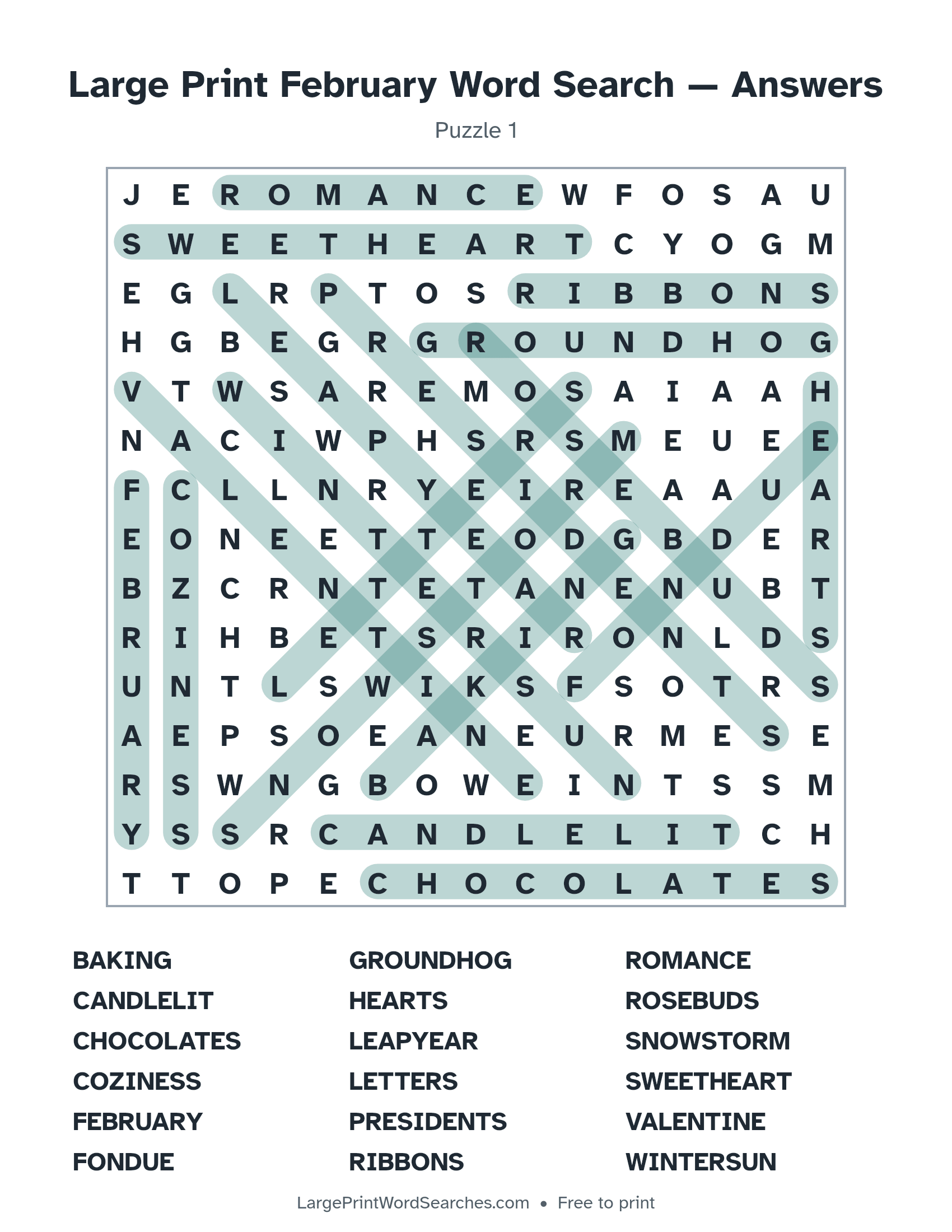 Answer key for large print february word search puzzle 1 with every hidden word highlighted