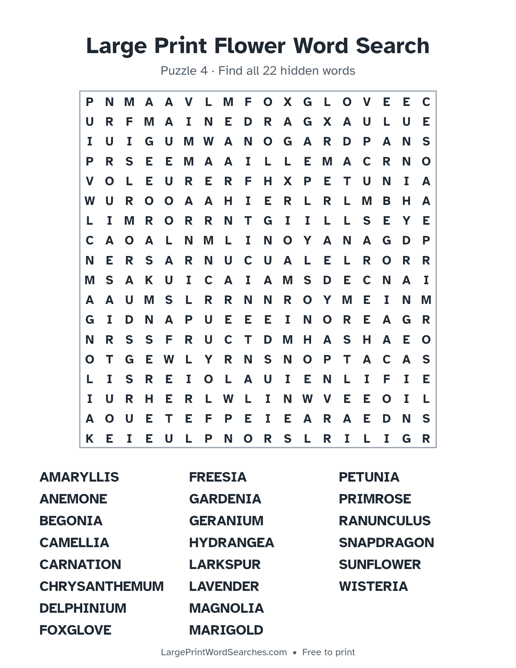 Large Print Flower Word Search puzzle 4: a 18 by 18 letter grid with 22 hidden words in large print