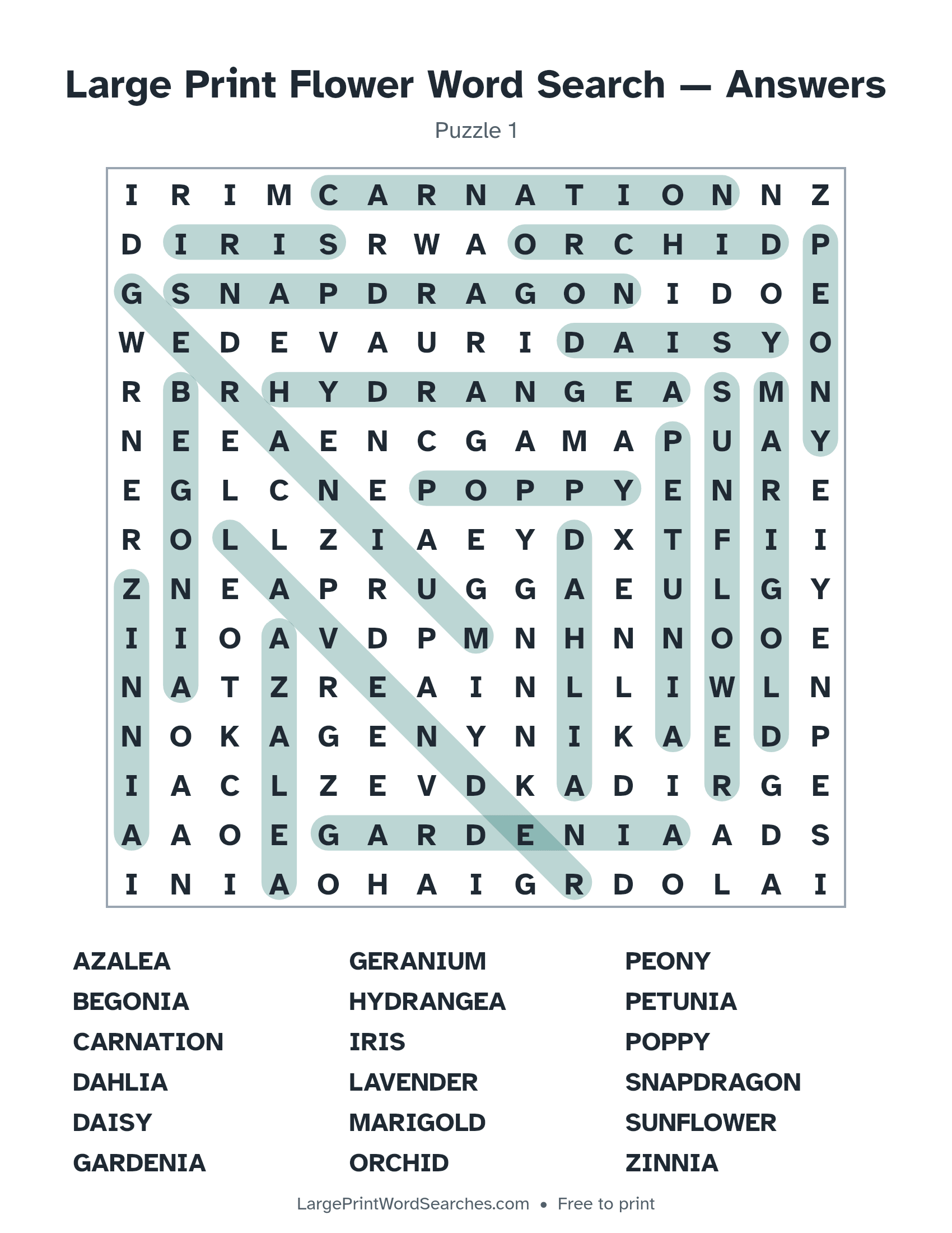 Answer key for large print flower word search puzzle 1 with every hidden word highlighted