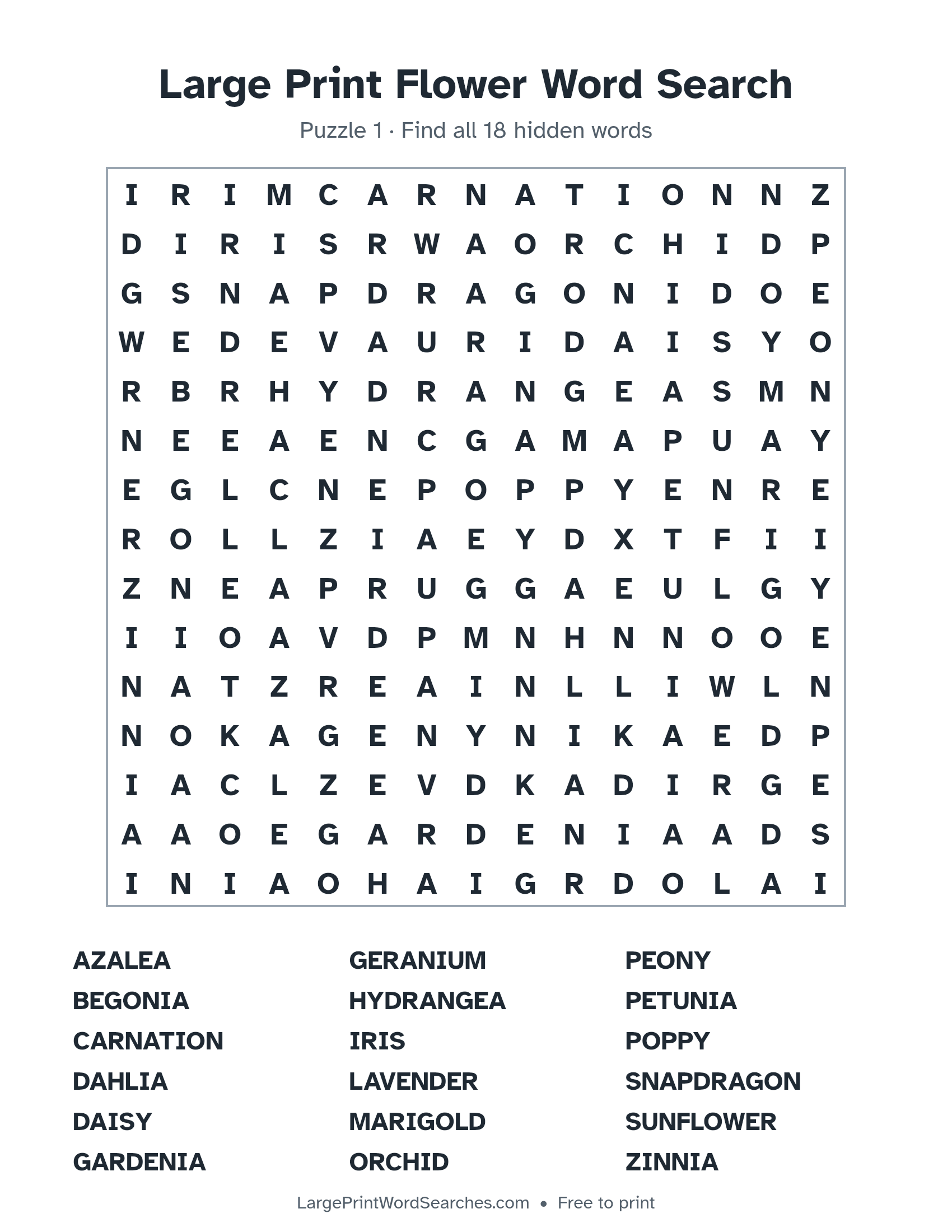 Large Print Flower Word Search puzzle 1: a 15 by 15 letter grid with 18 hidden words in large print