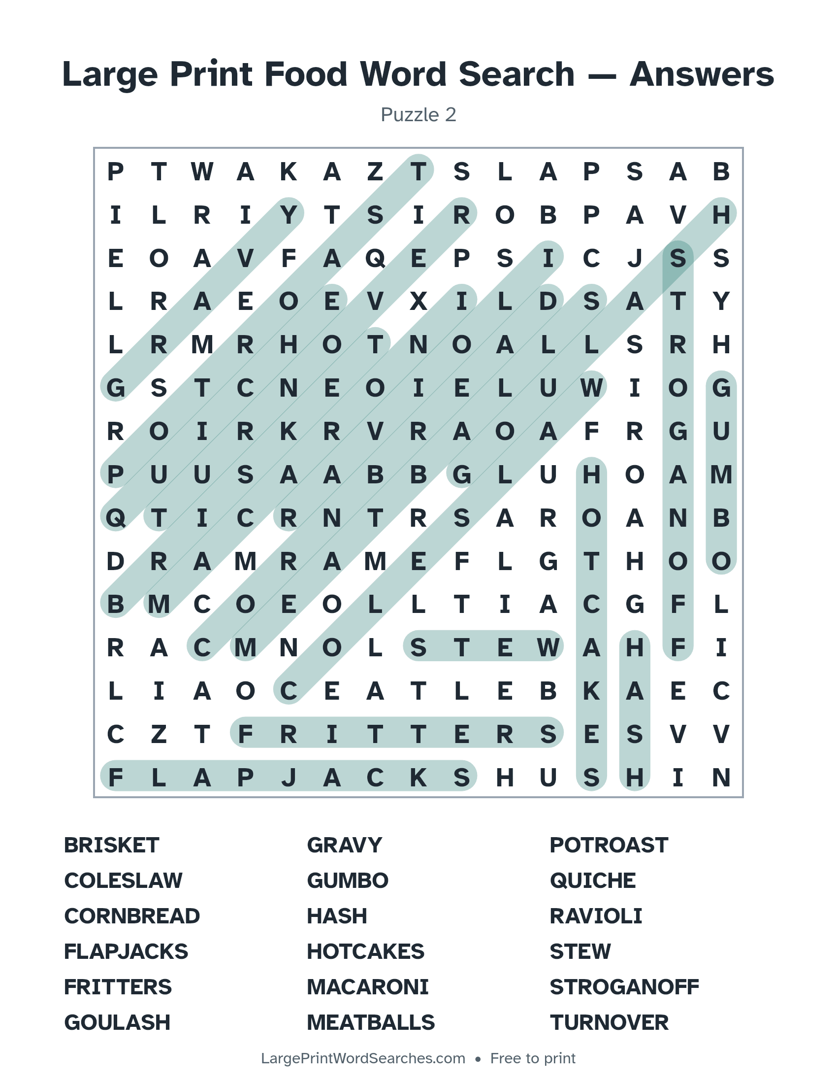 Answer key for large print food word search puzzle 2 with every hidden word highlighted
