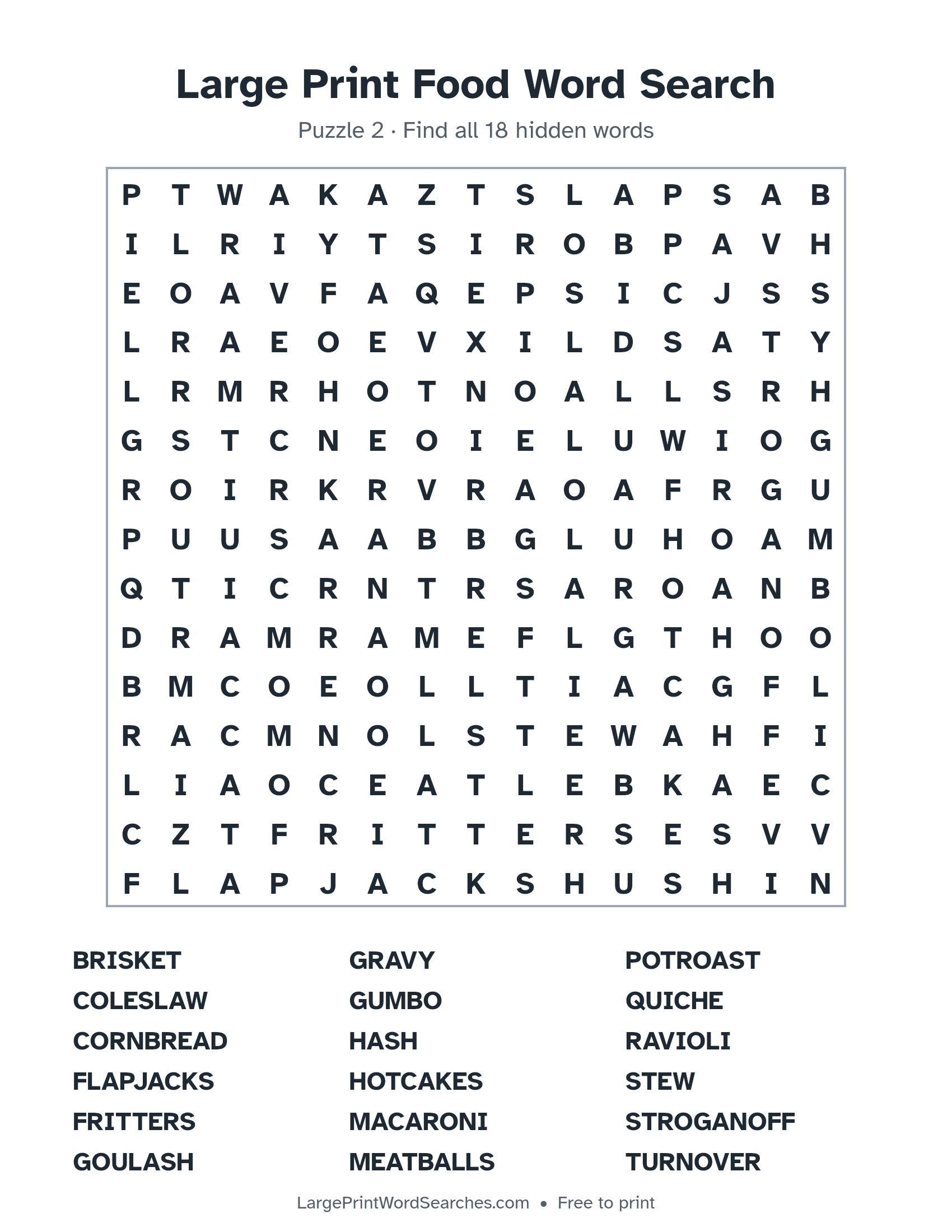 Large Print Food Word Search puzzle 2: a 15 by 15 letter grid with 18 hidden words in large print