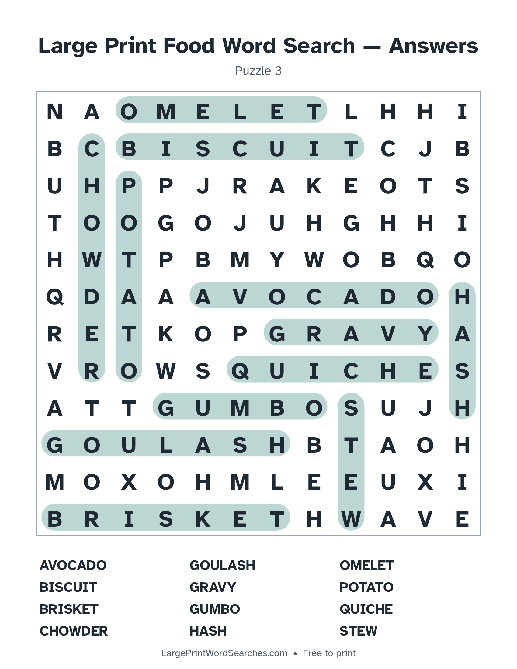 Answer key for large print food word search puzzle 3 with every hidden word highlighted