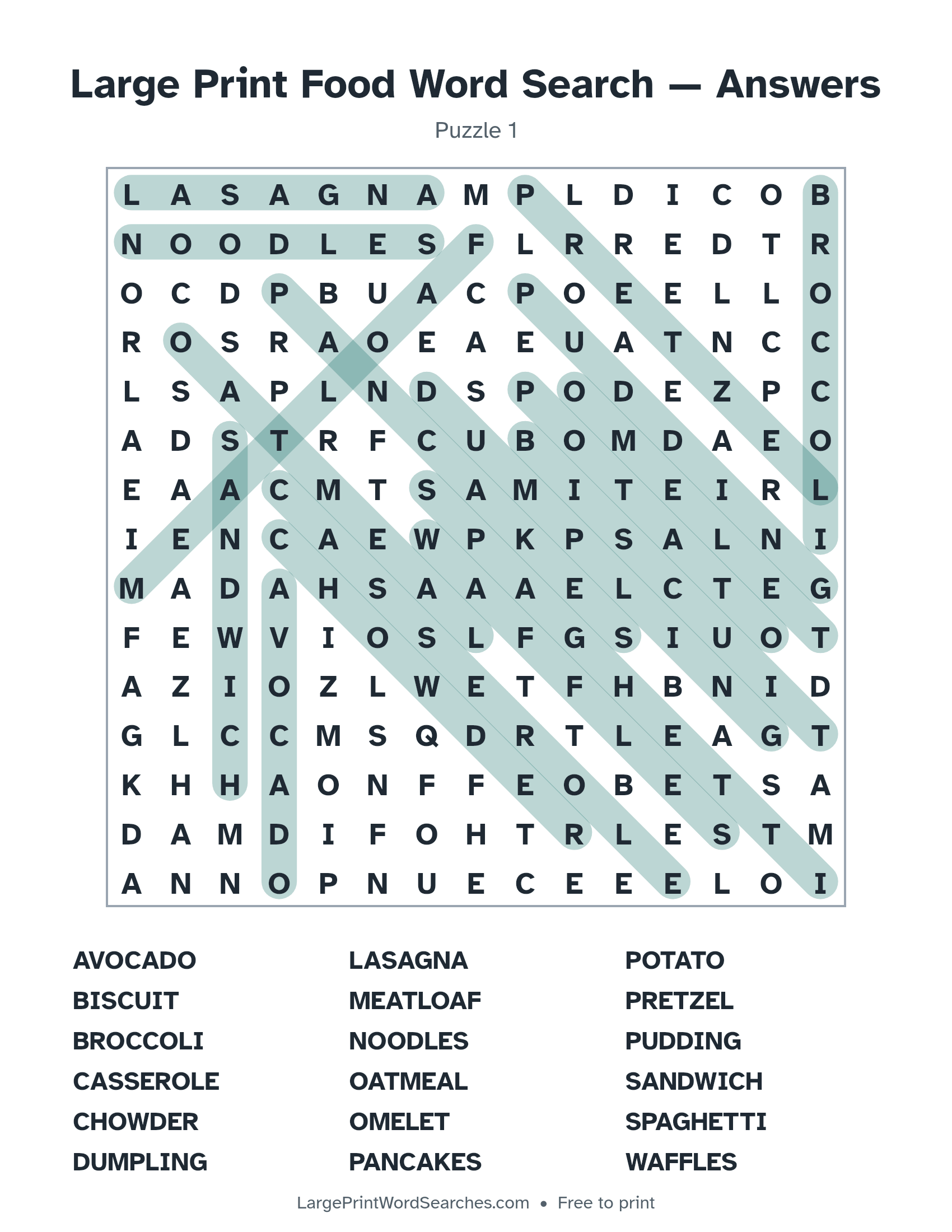 Answer key for large print food word search puzzle 1 with every hidden word highlighted