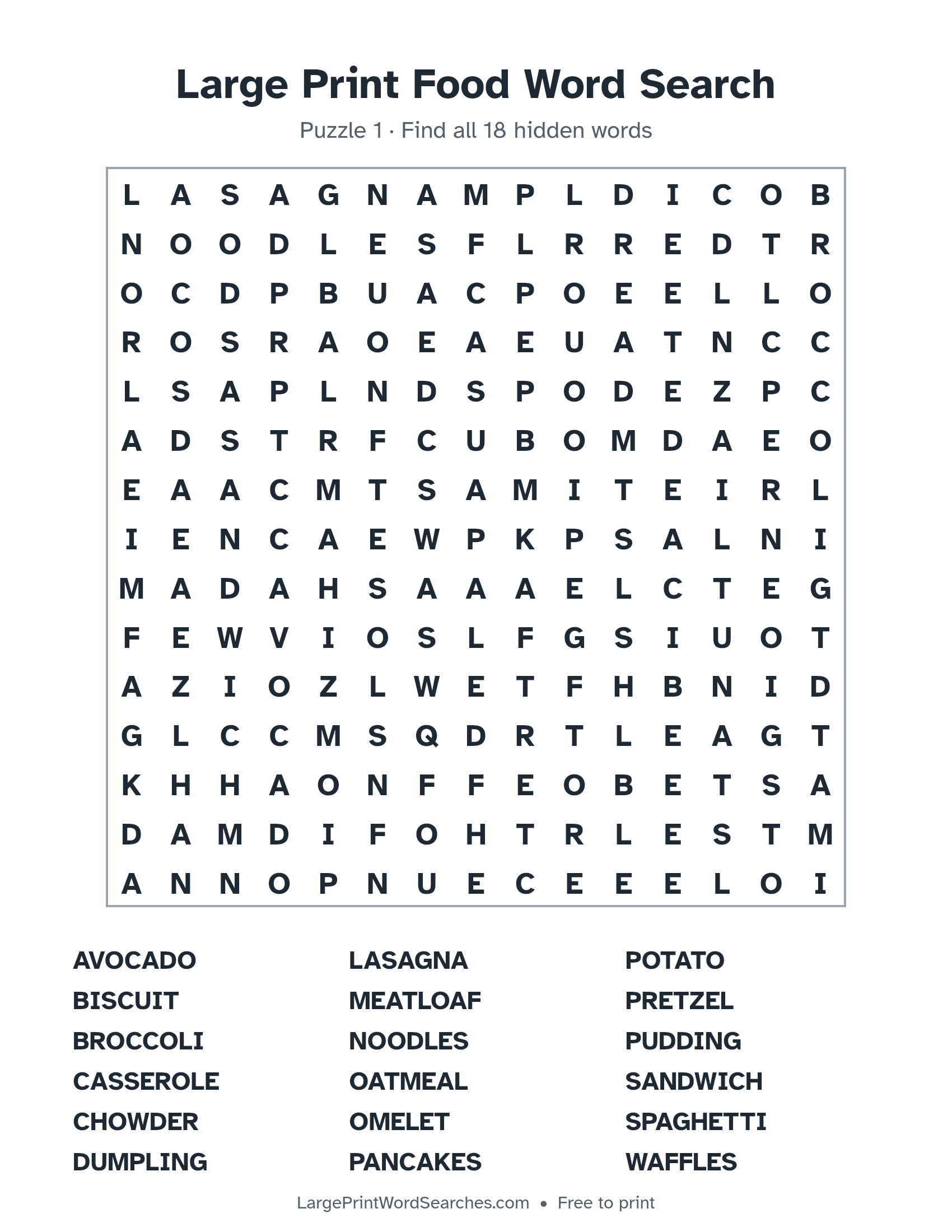 Large Print Food Word Search puzzle 1: a 15 by 15 letter grid with 18 hidden words in large print