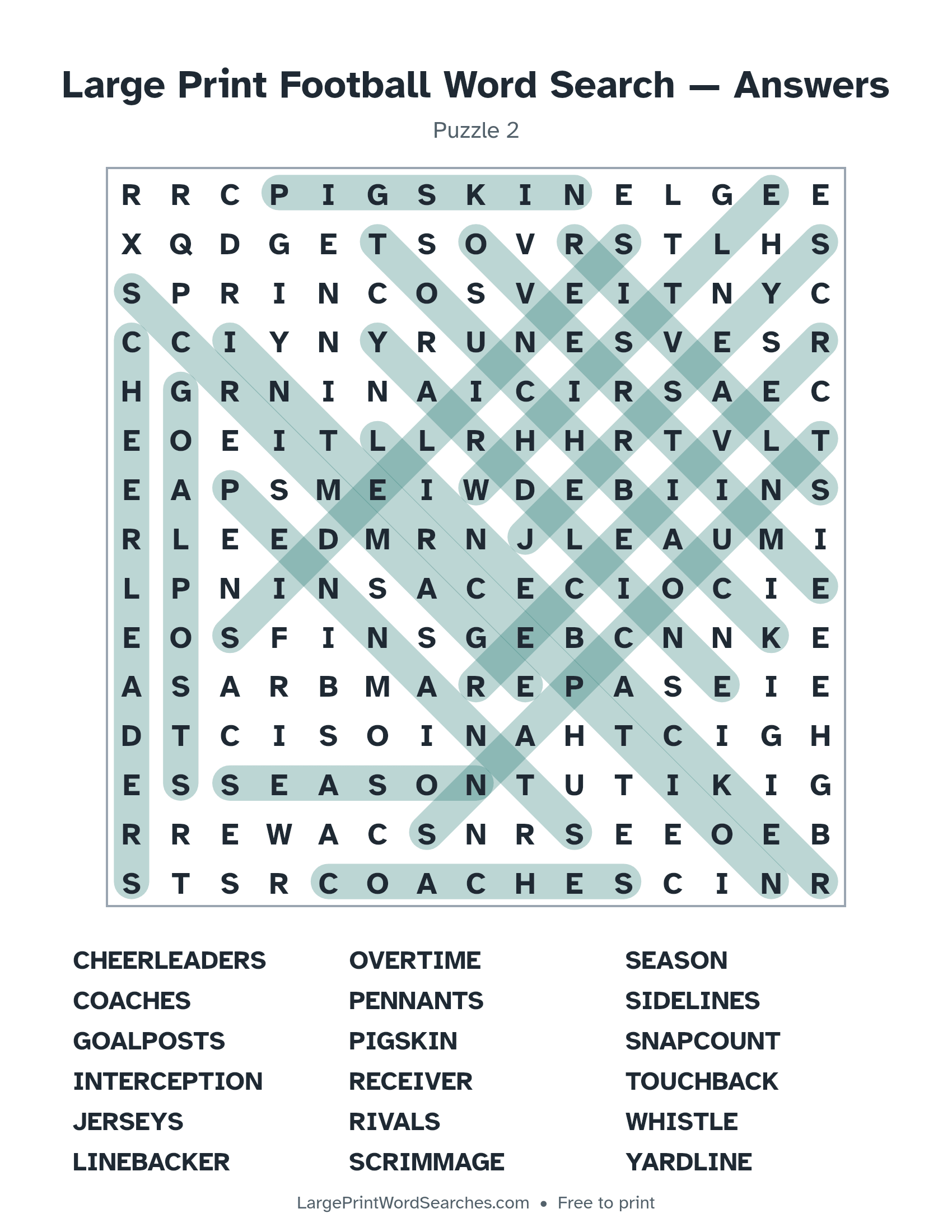 Answer key for large print football word search puzzle 2 with every hidden word highlighted