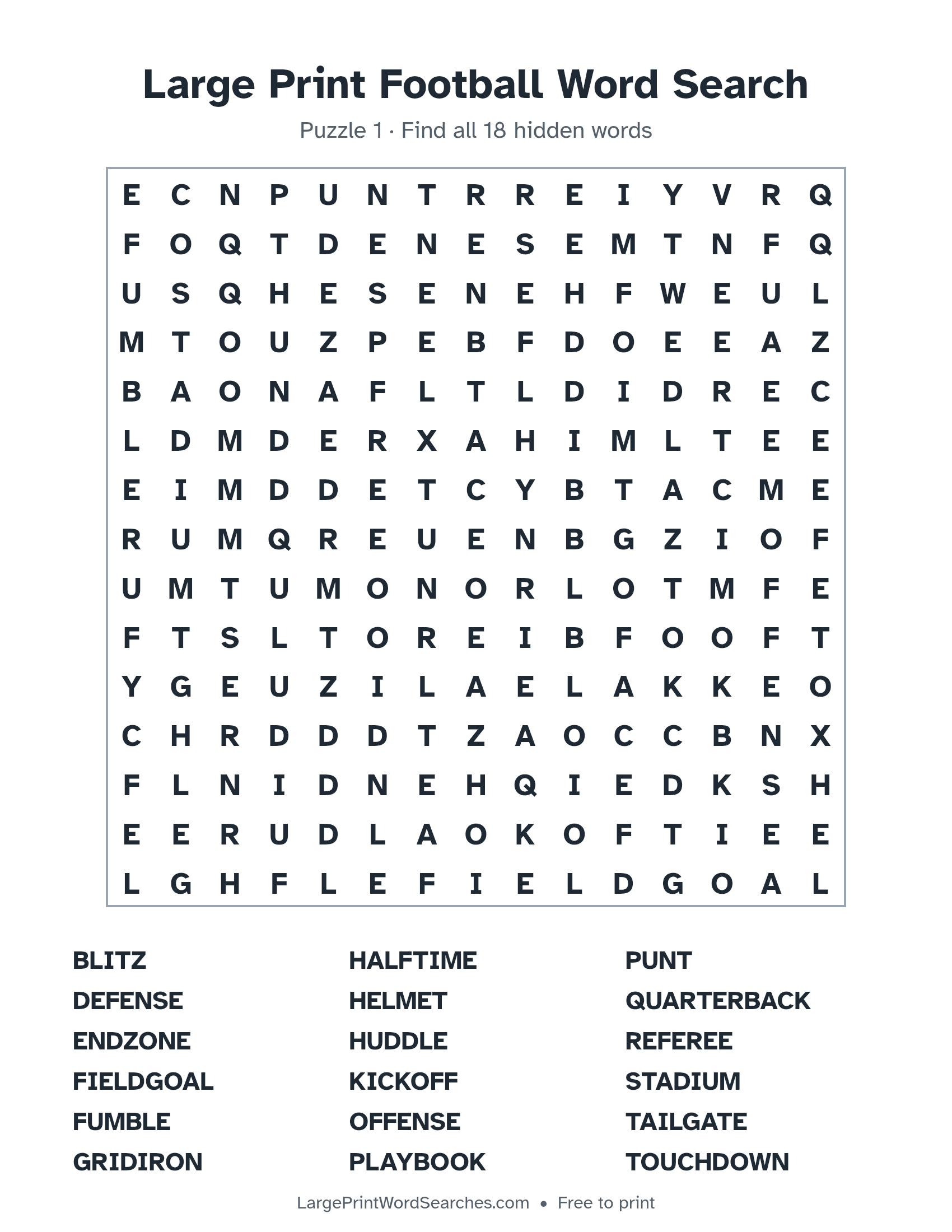 Large Print Football Word Search puzzle 1: a 15 by 15 letter grid with 18 hidden words in large print