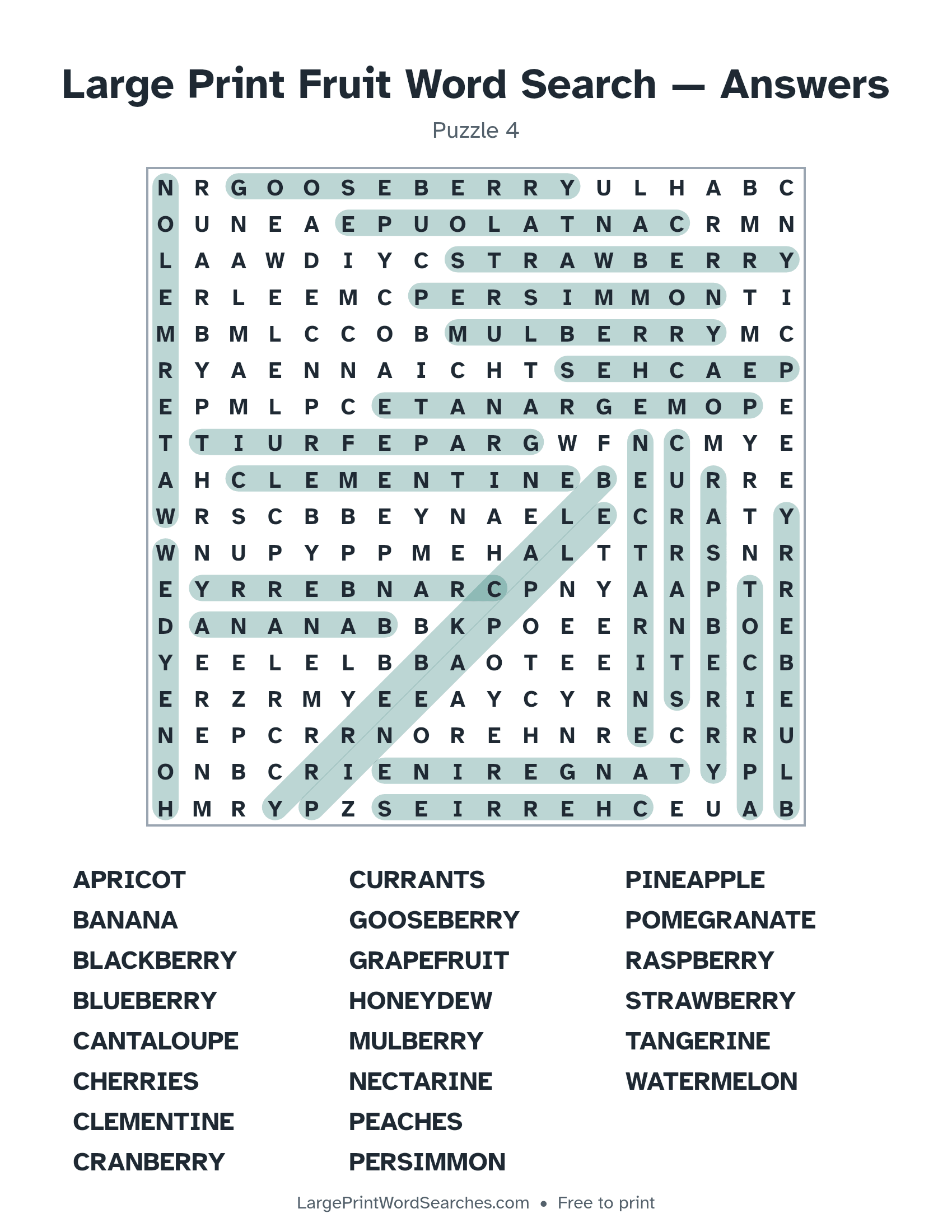 Answer key for large print fruit word search puzzle 4 with every hidden word highlighted