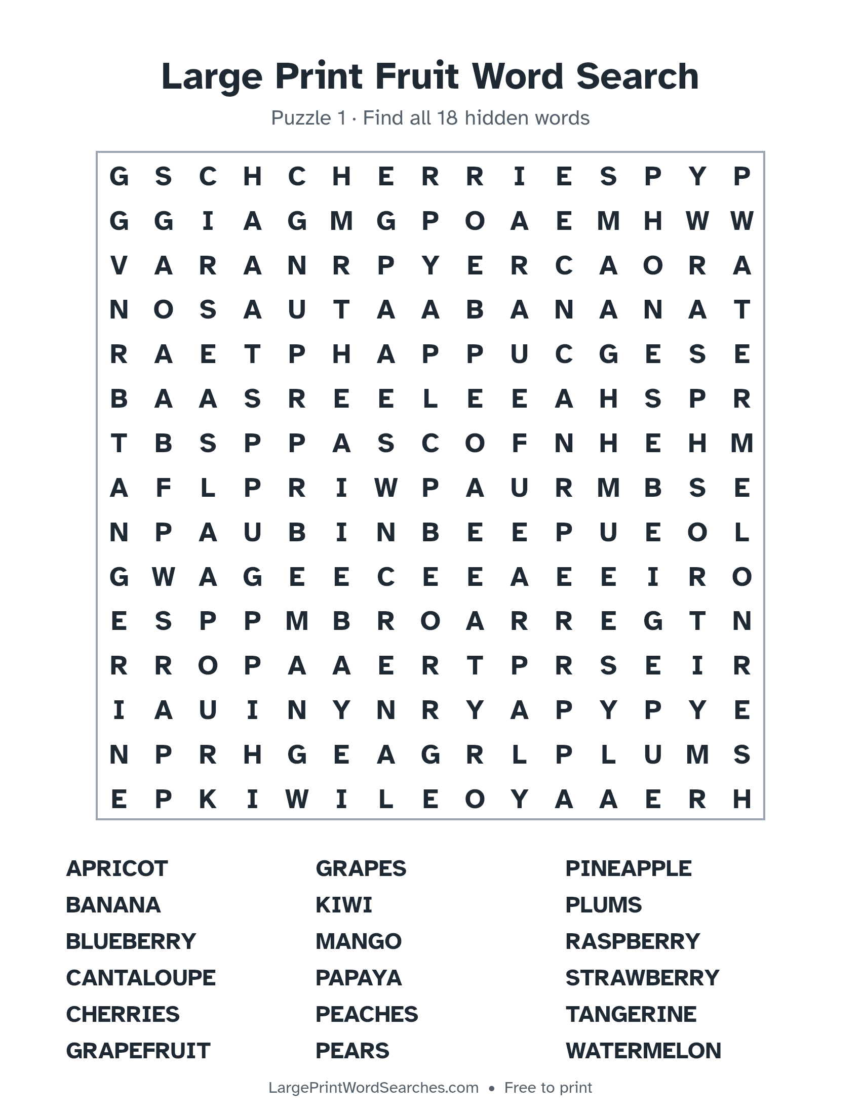 Large Print Fruit Word Search puzzle 1: a 15 by 15 letter grid with 18 hidden words in large print