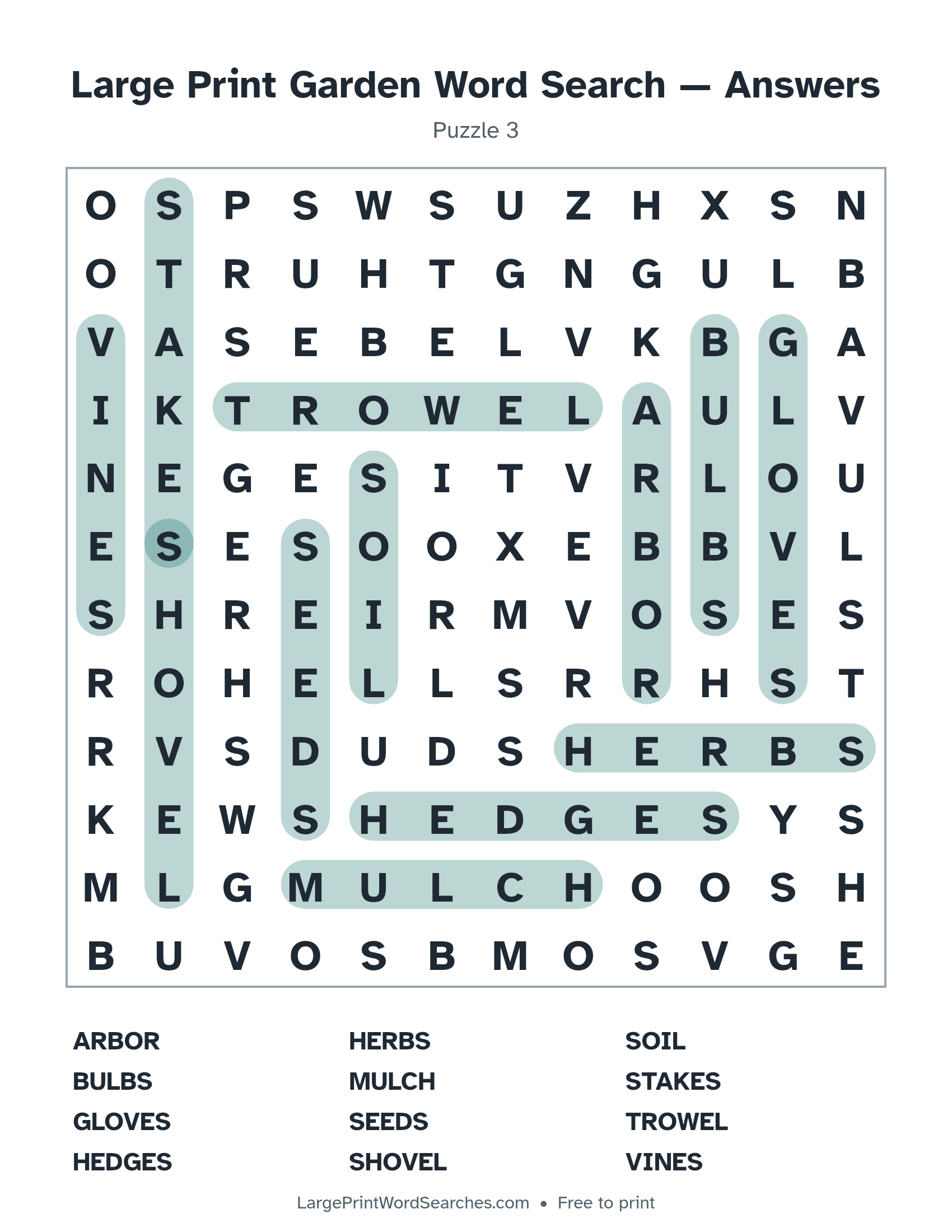Answer key for large print garden word search puzzle 3 with every hidden word highlighted