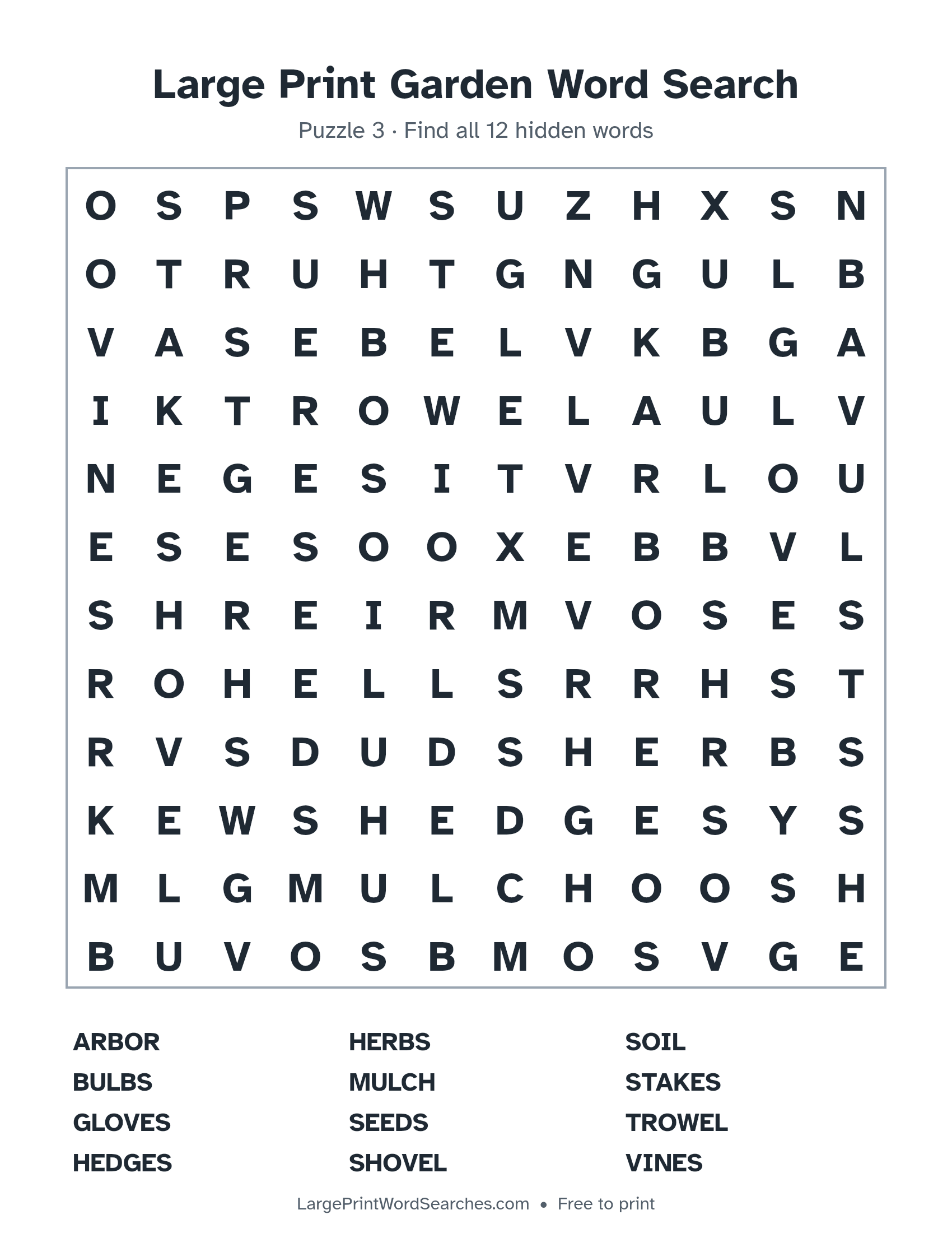 Large Print Garden Word Search puzzle 3: a 12 by 12 letter grid with 12 hidden words in large print