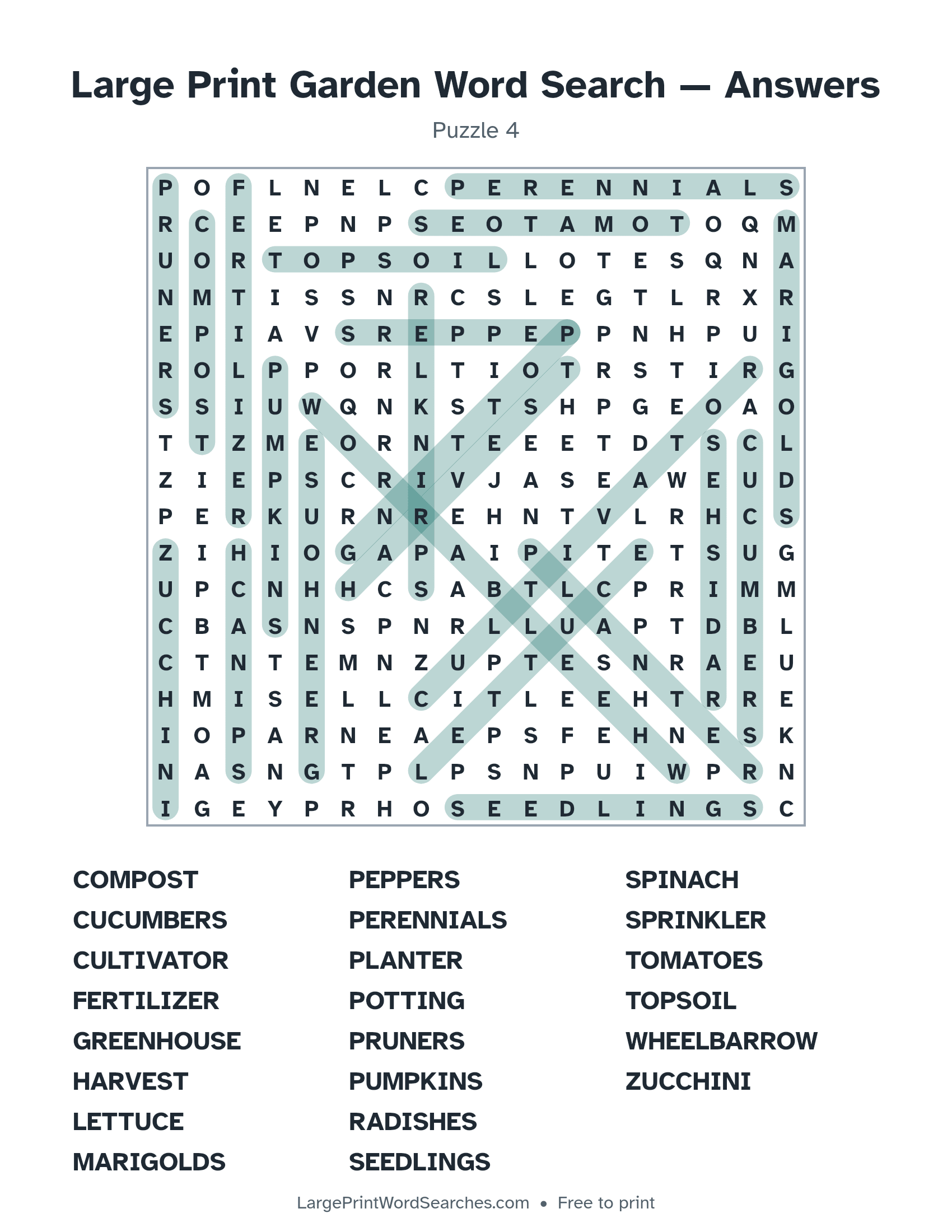 Answer key for large print garden word search puzzle 4 with every hidden word highlighted
