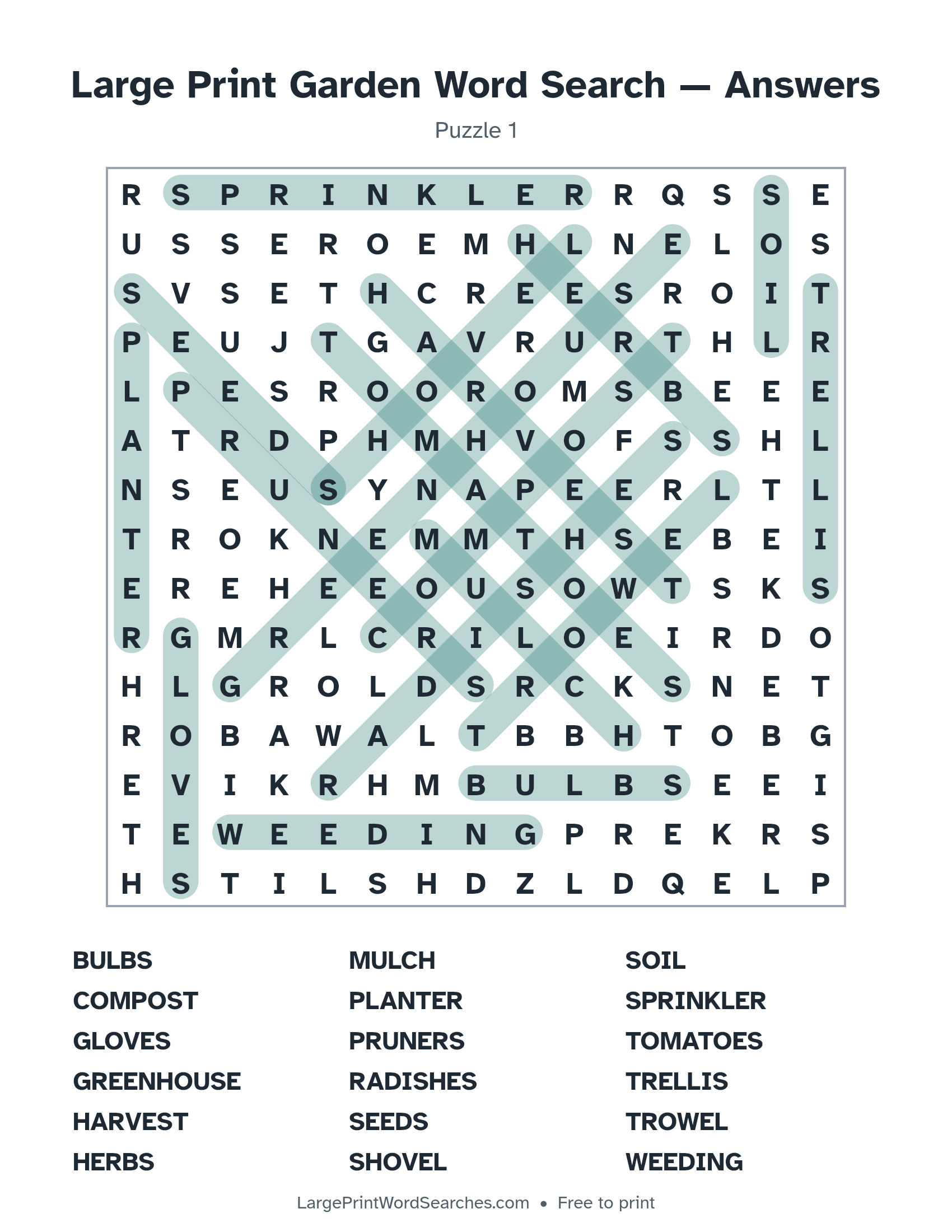 Answer key for large print garden word search puzzle 1 with every hidden word highlighted