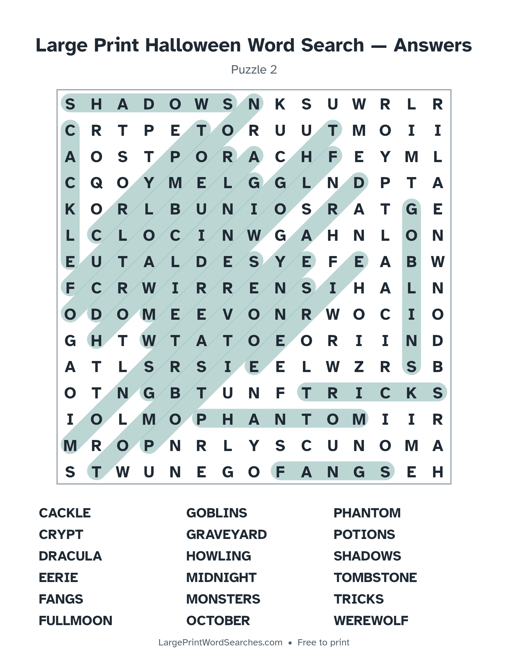 Answer key for large print halloween word search puzzle 2 with every hidden word highlighted