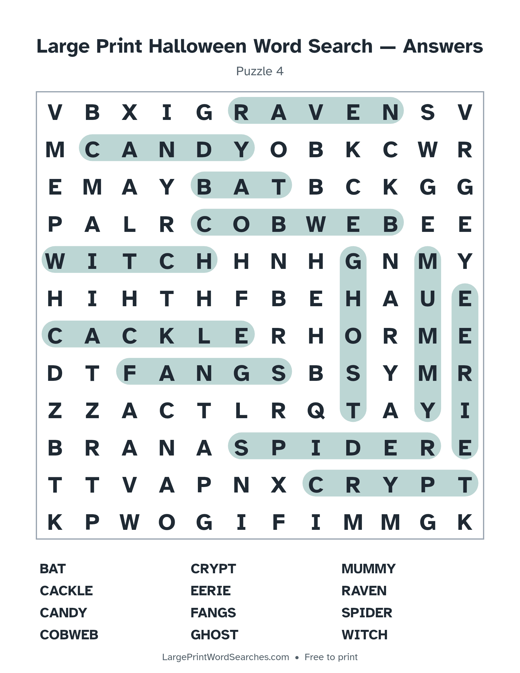 Answer key for large print halloween word search puzzle 4 with every hidden word highlighted