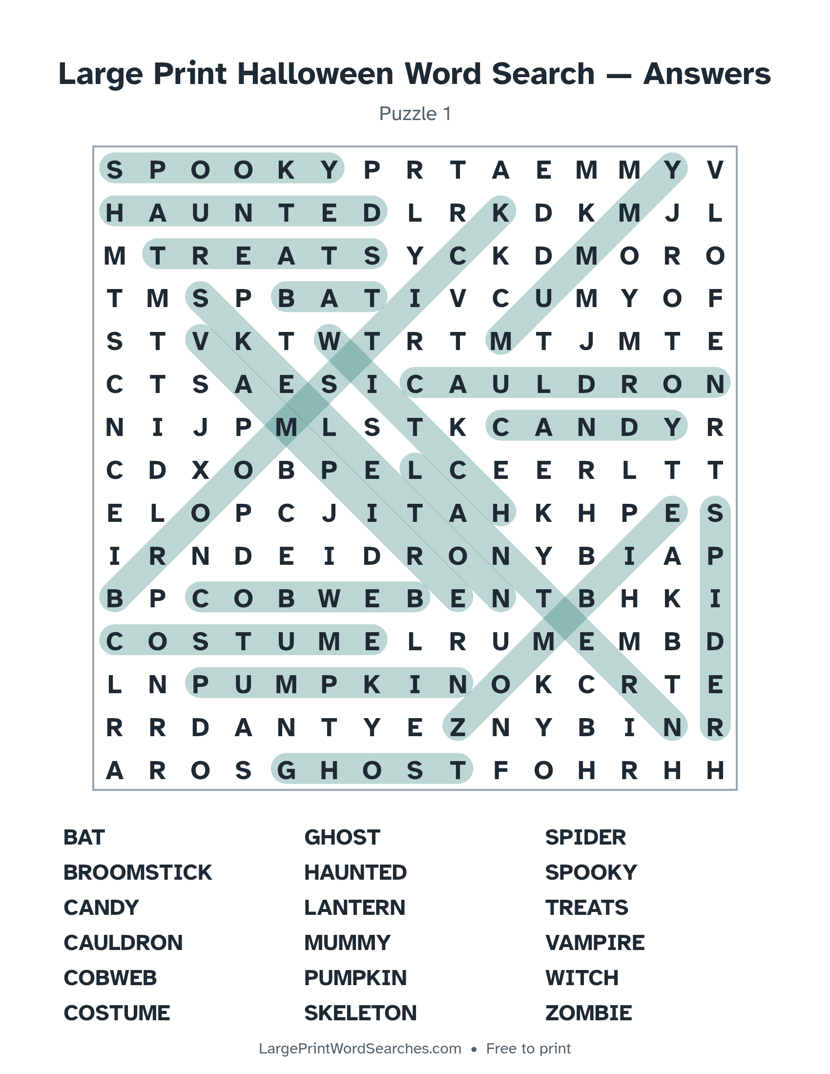 Answer key for large print halloween word search puzzle 1 with every hidden word highlighted