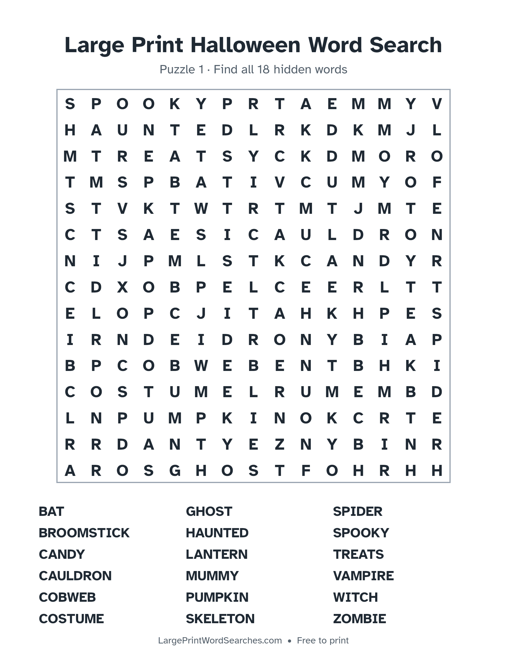 Large Print Halloween Word Search puzzle 1: a 15 by 15 letter grid with 18 hidden words in large print