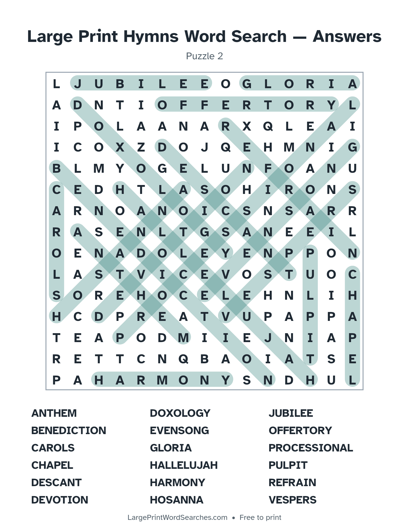 Answer key for large print hymns word search puzzle 2 with every hidden word highlighted