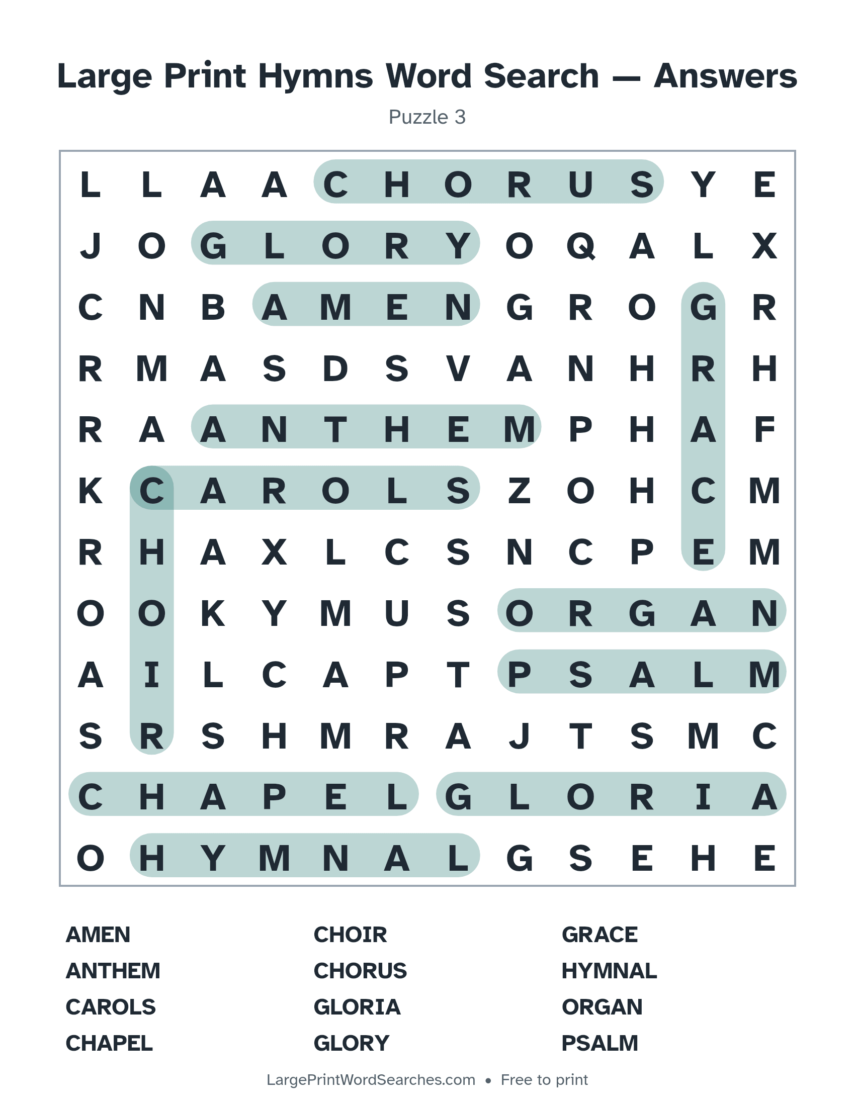 Answer key for large print hymns word search puzzle 3 with every hidden word highlighted