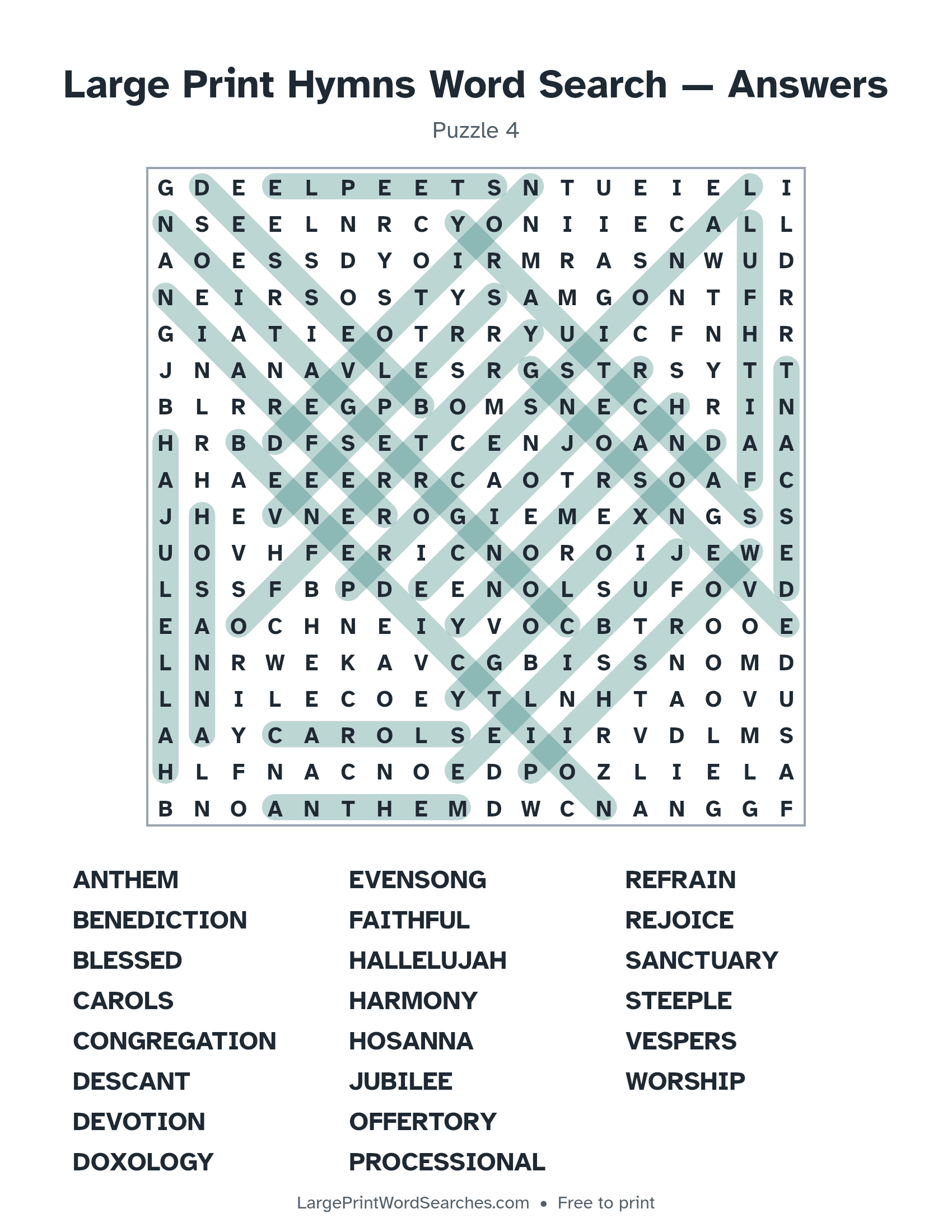 Answer key for large print hymns word search puzzle 4 with every hidden word highlighted