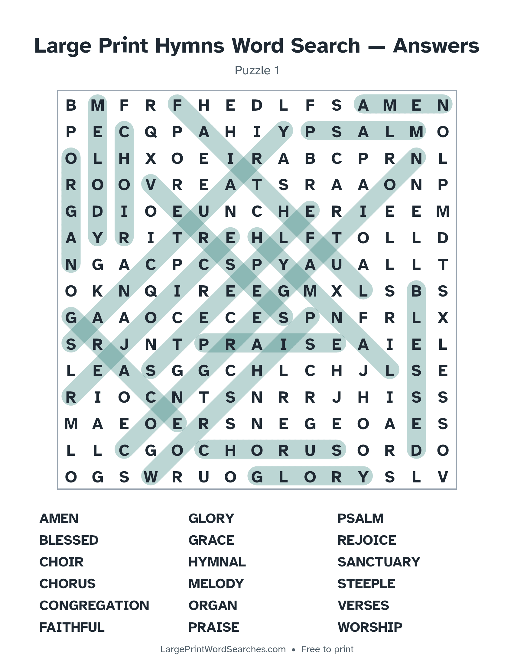 Answer key for large print hymns word search puzzle 1 with every hidden word highlighted