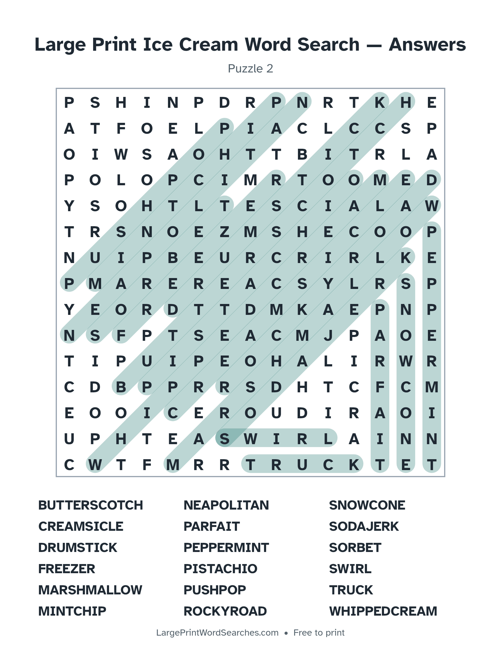 Answer key for large print ice cream word search puzzle 2 with every hidden word highlighted