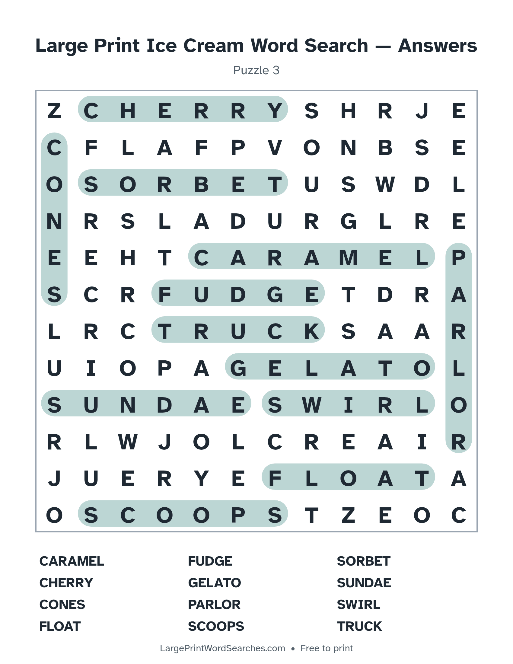 Answer key for large print ice cream word search puzzle 3 with every hidden word highlighted