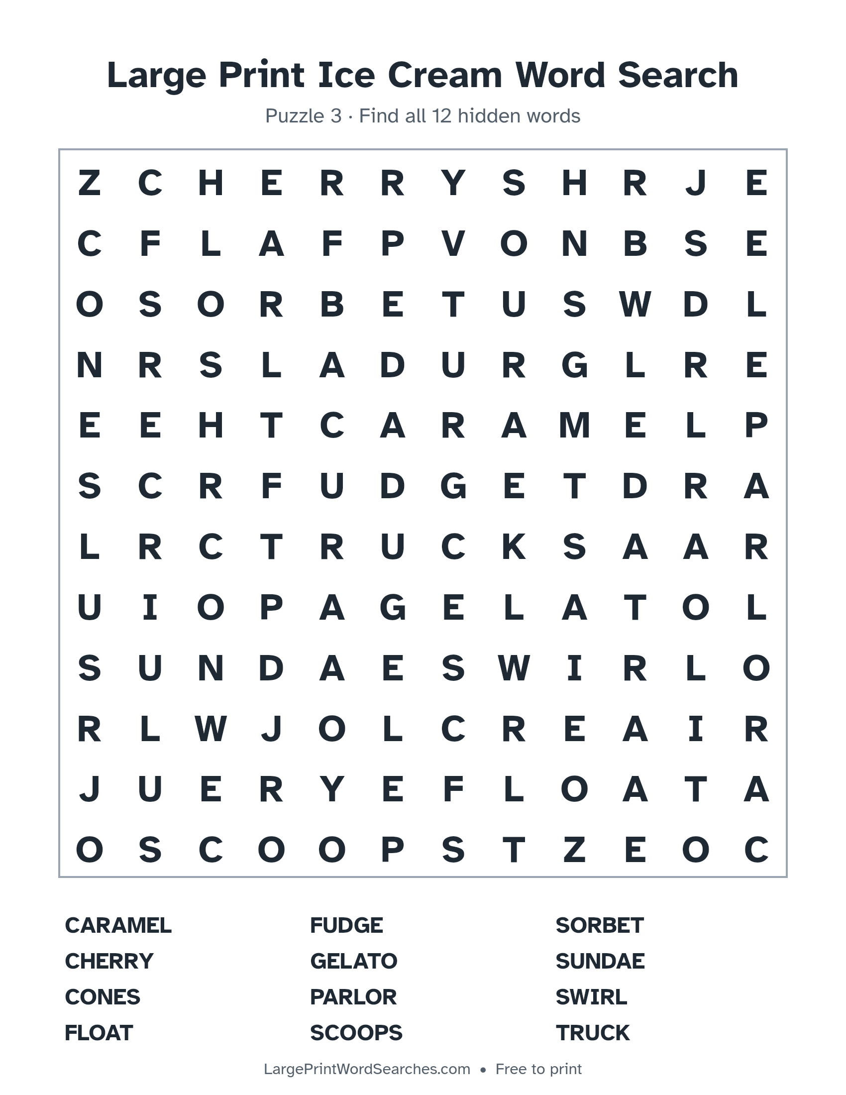Large Print Ice Cream Word Search puzzle 3: a 12 by 12 letter grid with 12 hidden words in large print