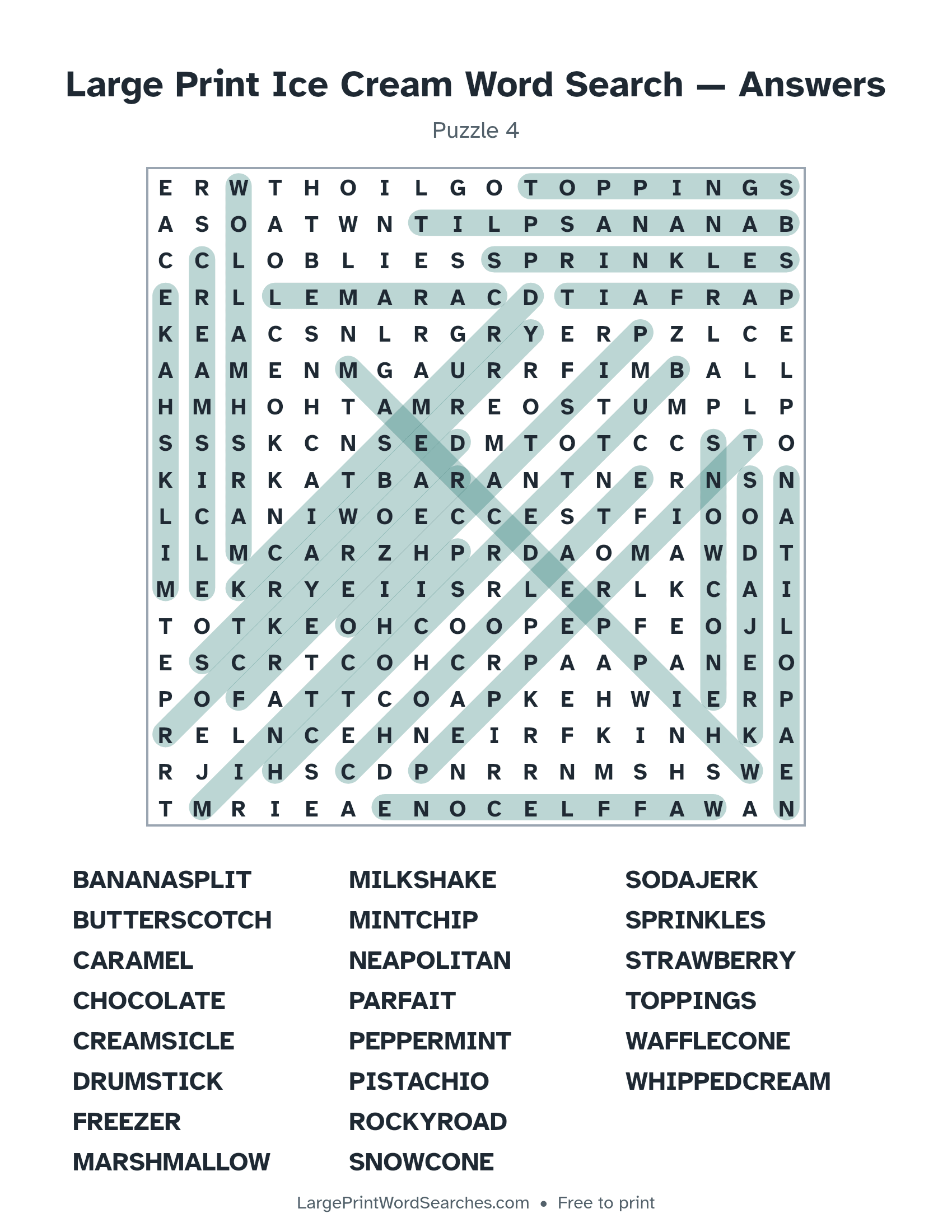Answer key for large print ice cream word search puzzle 4 with every hidden word highlighted