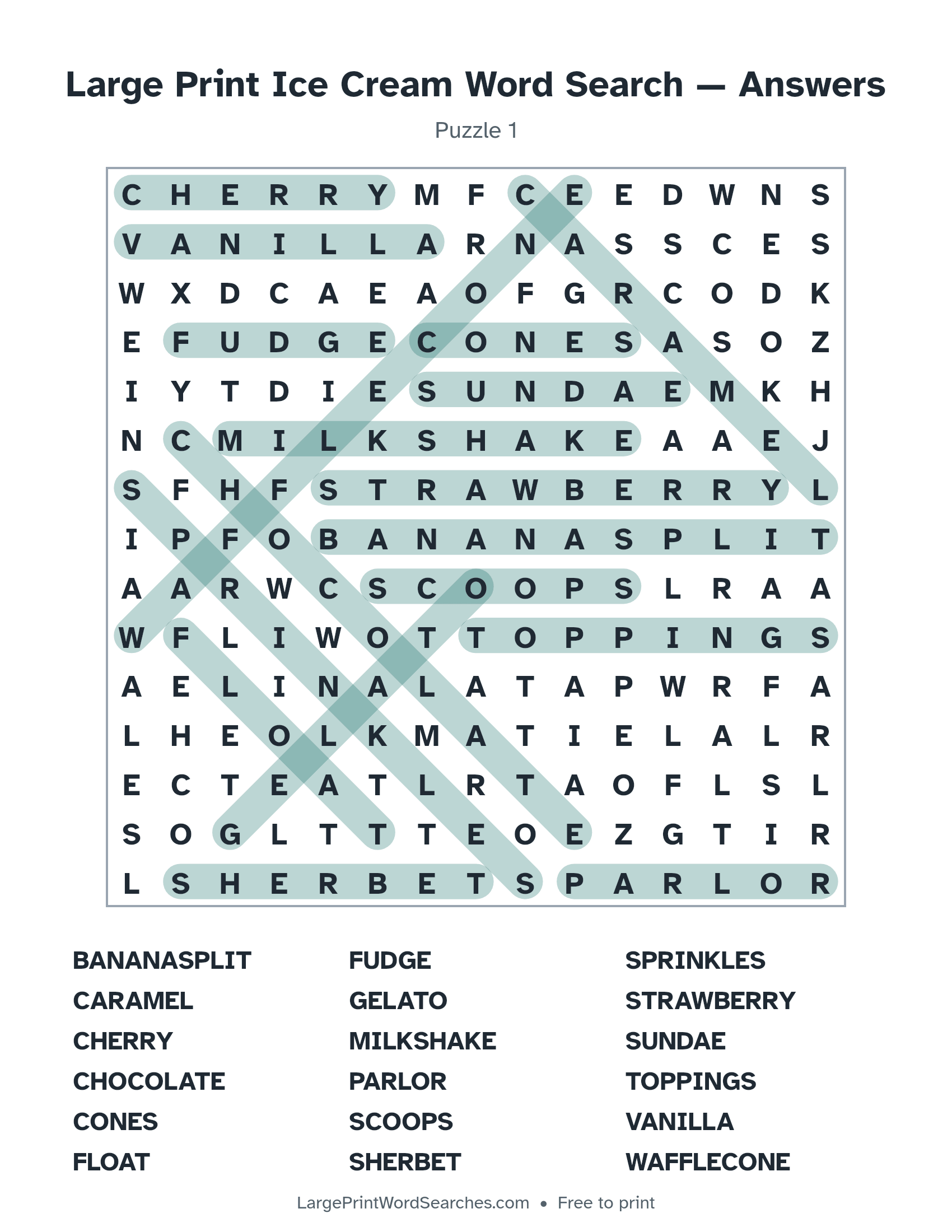 Answer key for large print ice cream word search puzzle 1 with every hidden word highlighted