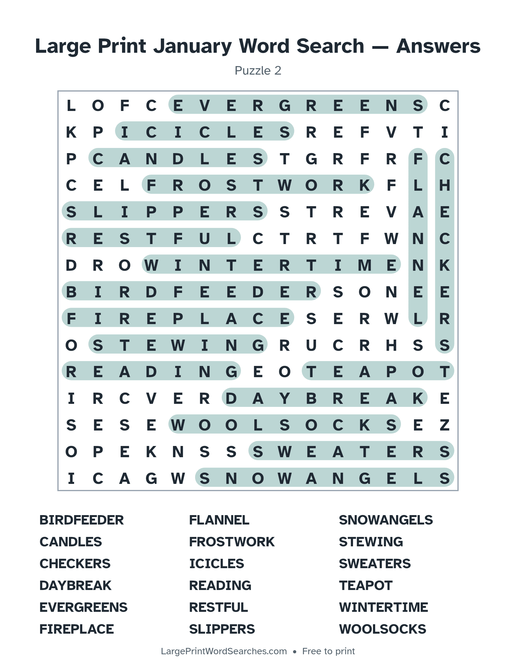 Answer key for large print january word search puzzle 2 with every hidden word highlighted