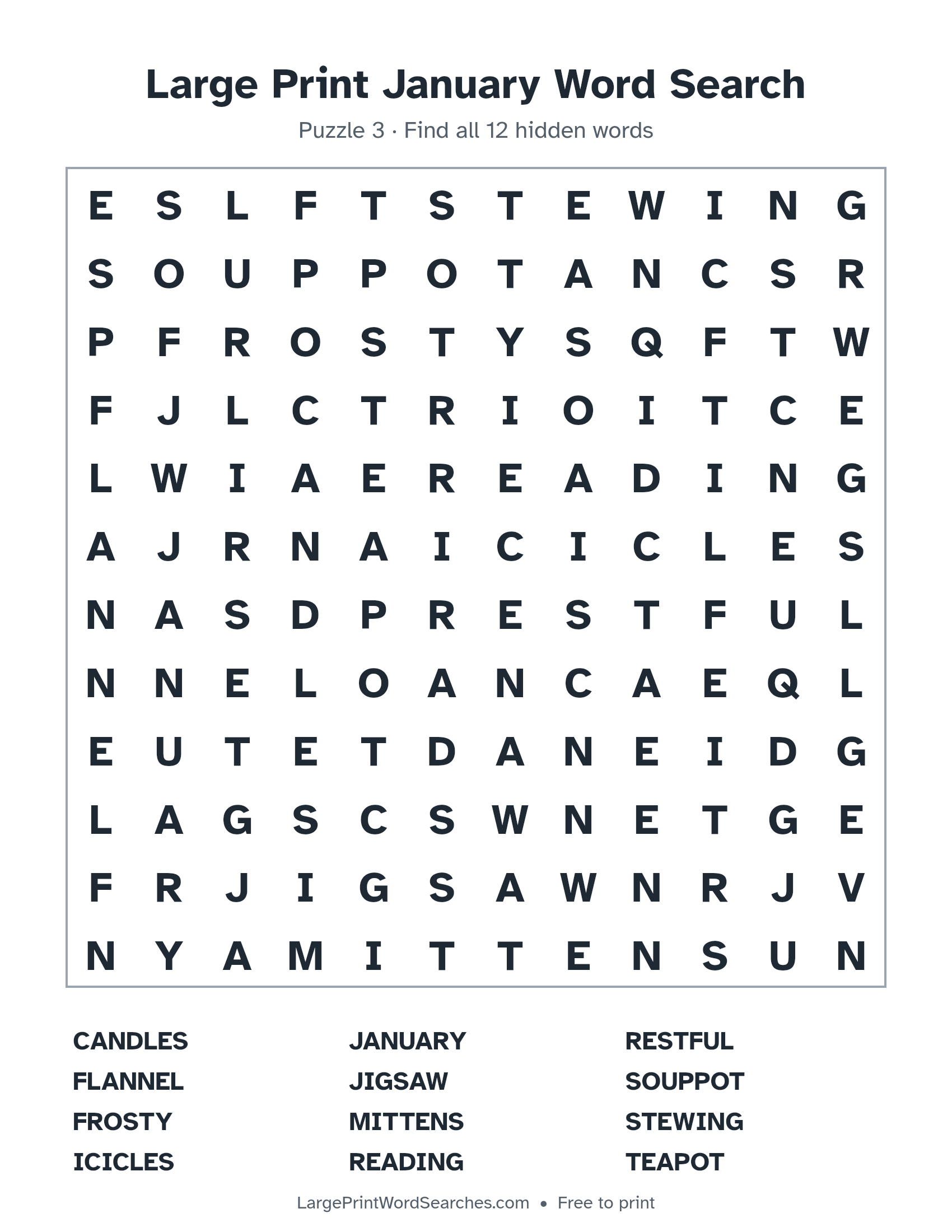 Large Print January Word Search puzzle 3: a 12 by 12 letter grid with 12 hidden words in large print