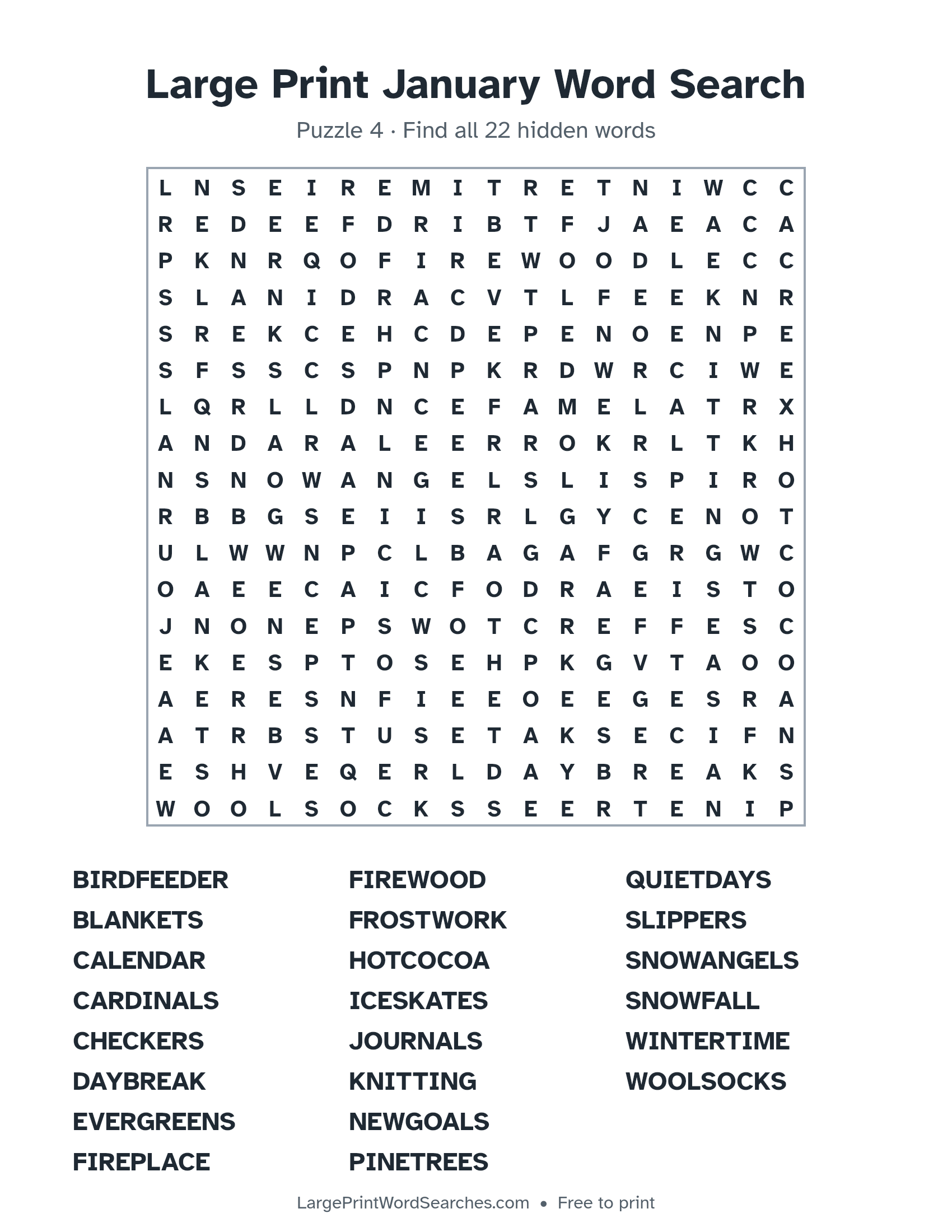 Large Print January Word Search puzzle 4: a 18 by 18 letter grid with 22 hidden words in large print
