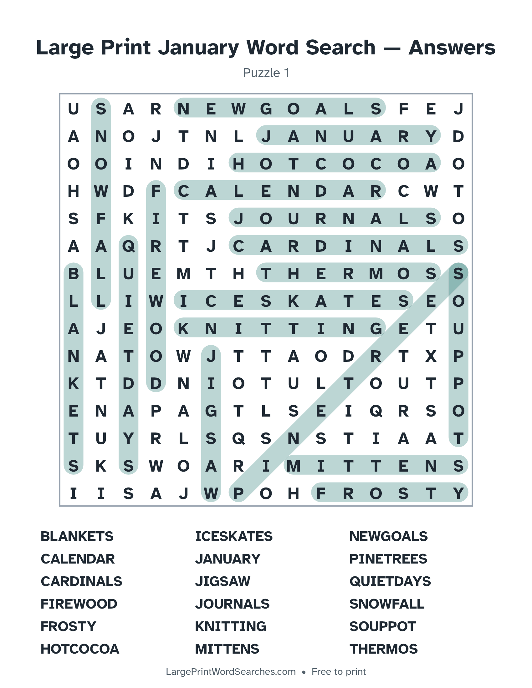 Answer key for large print january word search puzzle 1 with every hidden word highlighted