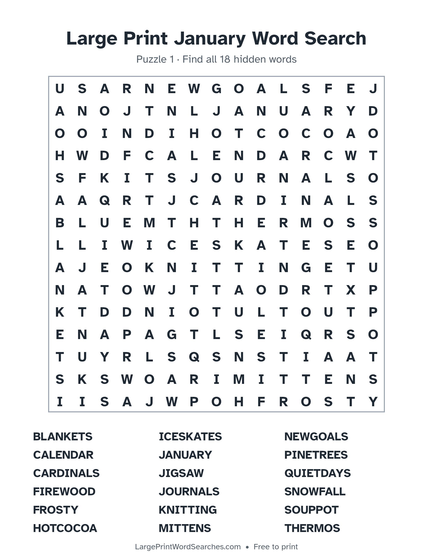 Large Print January Word Search puzzle 1: a 15 by 15 letter grid with 18 hidden words in large print
