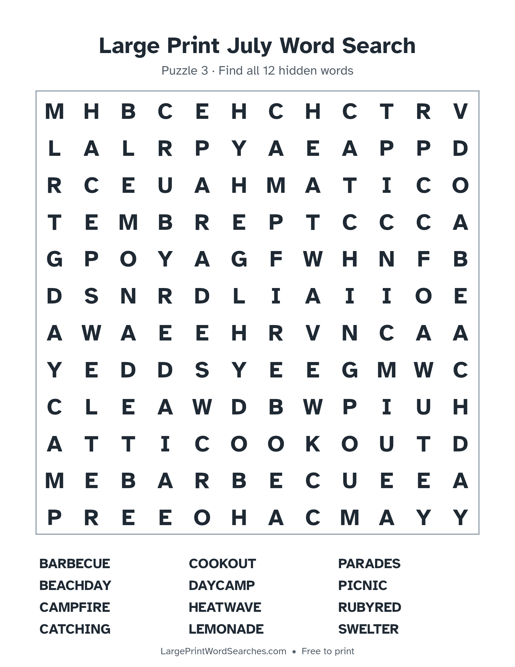 Large Print July Word Search puzzle 3: a 12 by 12 letter grid with 12 hidden words in large print
