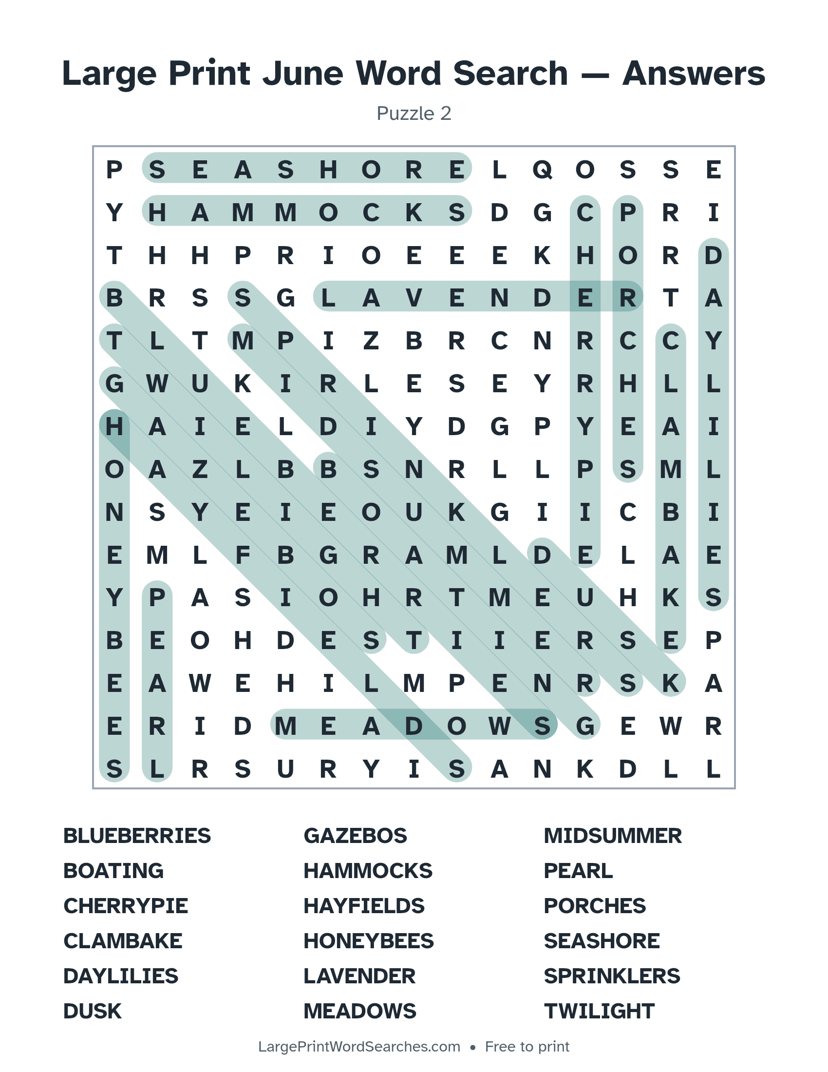 Answer key for large print june word search puzzle 2 with every hidden word highlighted