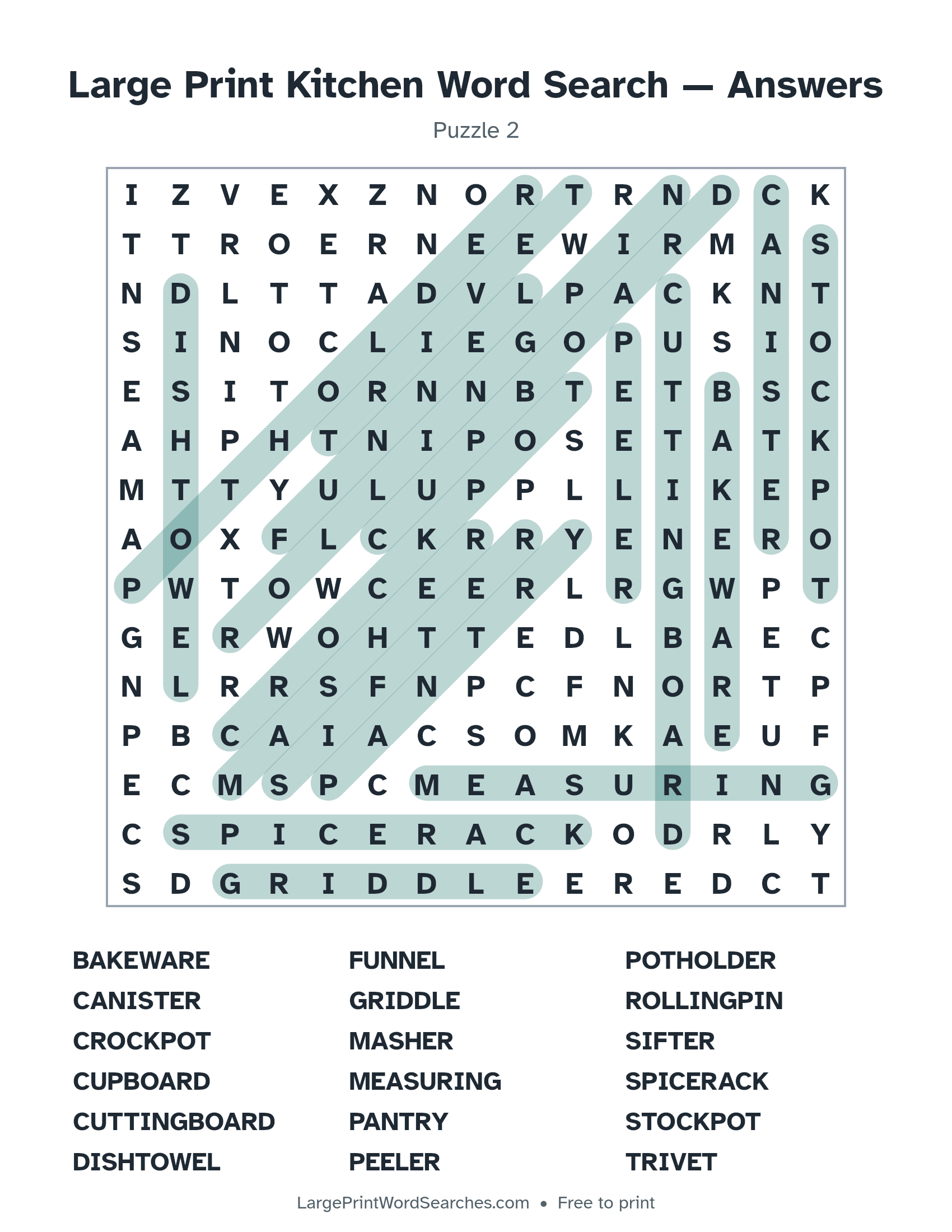 Answer key for large print kitchen word search puzzle 2 with every hidden word highlighted