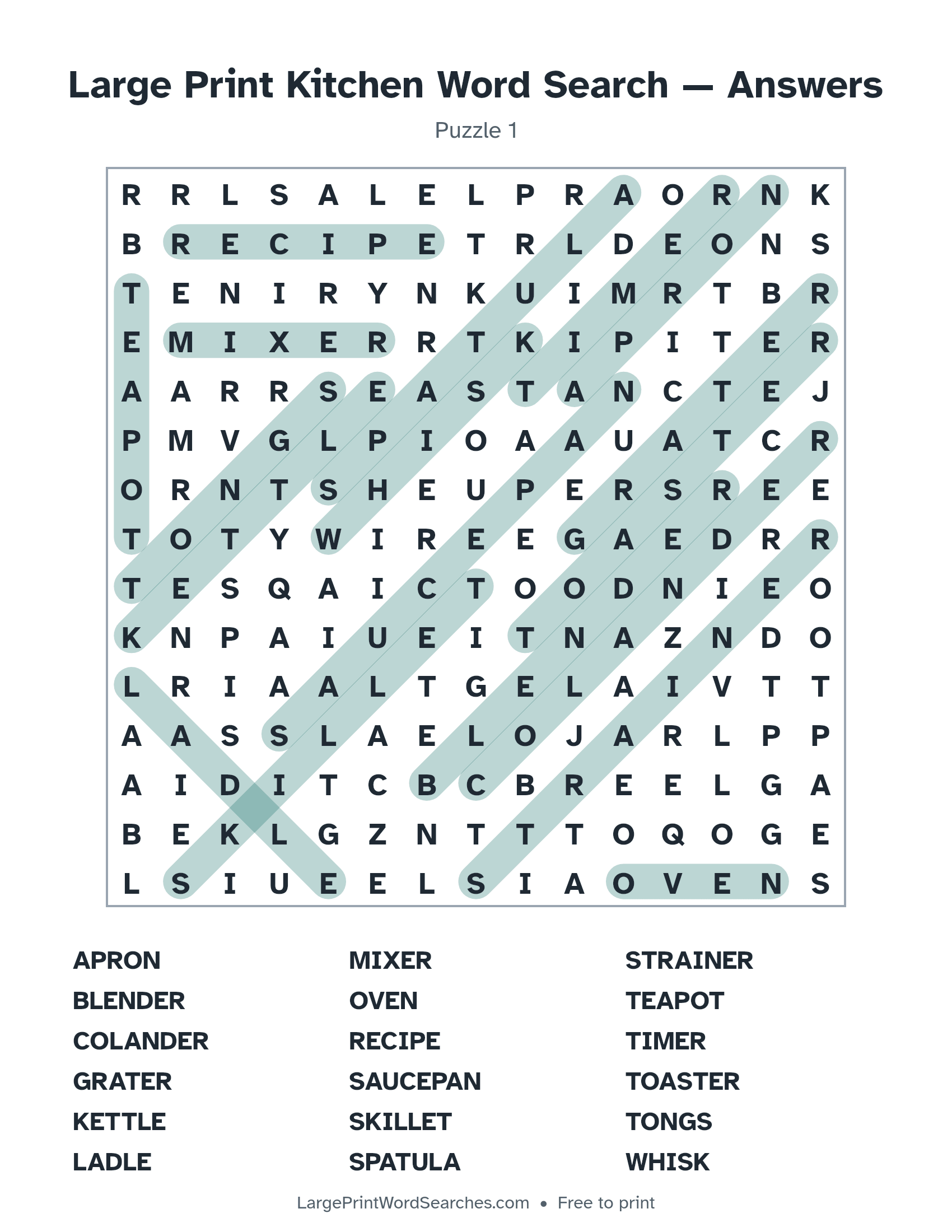 Answer key for large print kitchen word search puzzle 1 with every hidden word highlighted