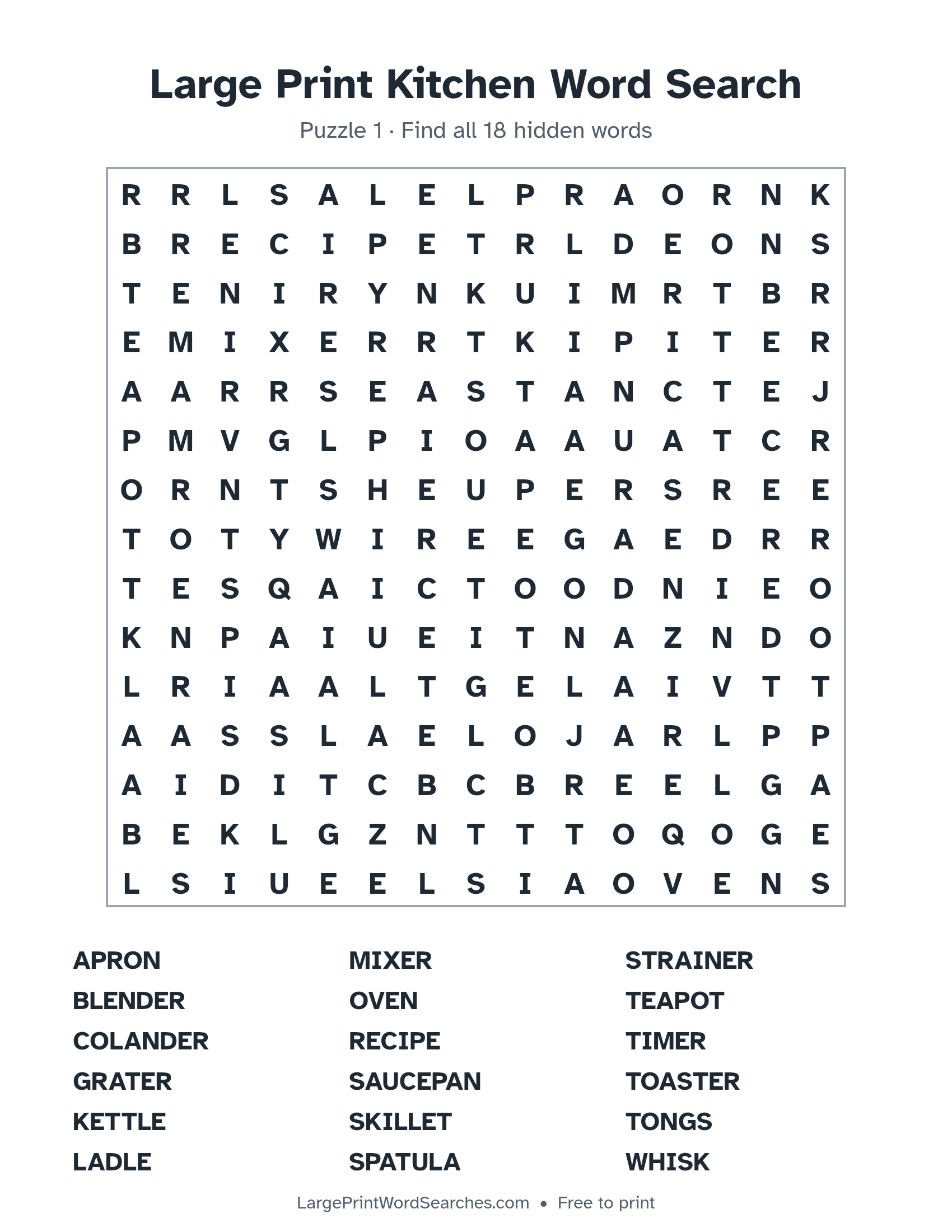 Large Print Kitchen Word Search puzzle 1: a 15 by 15 letter grid with 18 hidden words in large print