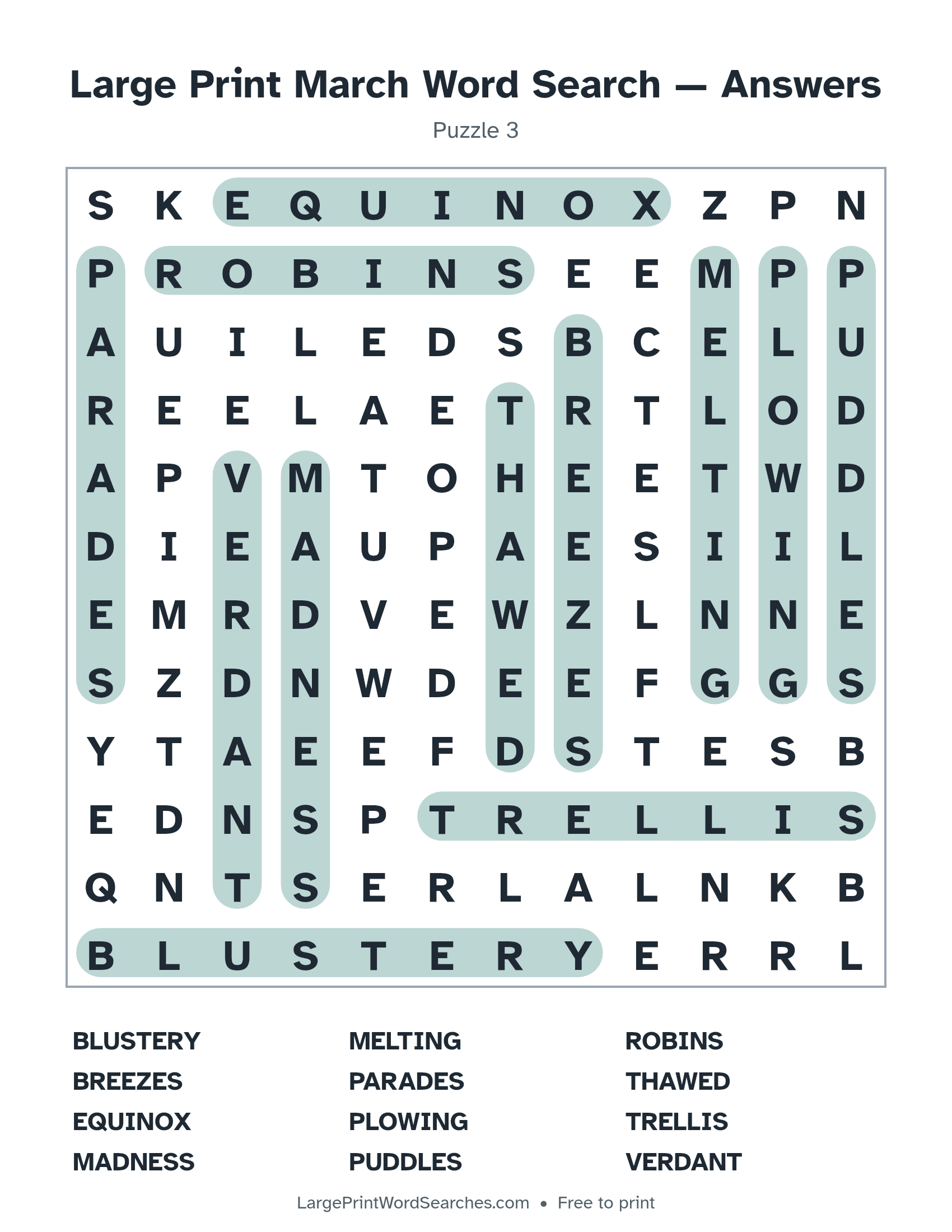Answer key for large print march word search puzzle 3 with every hidden word highlighted