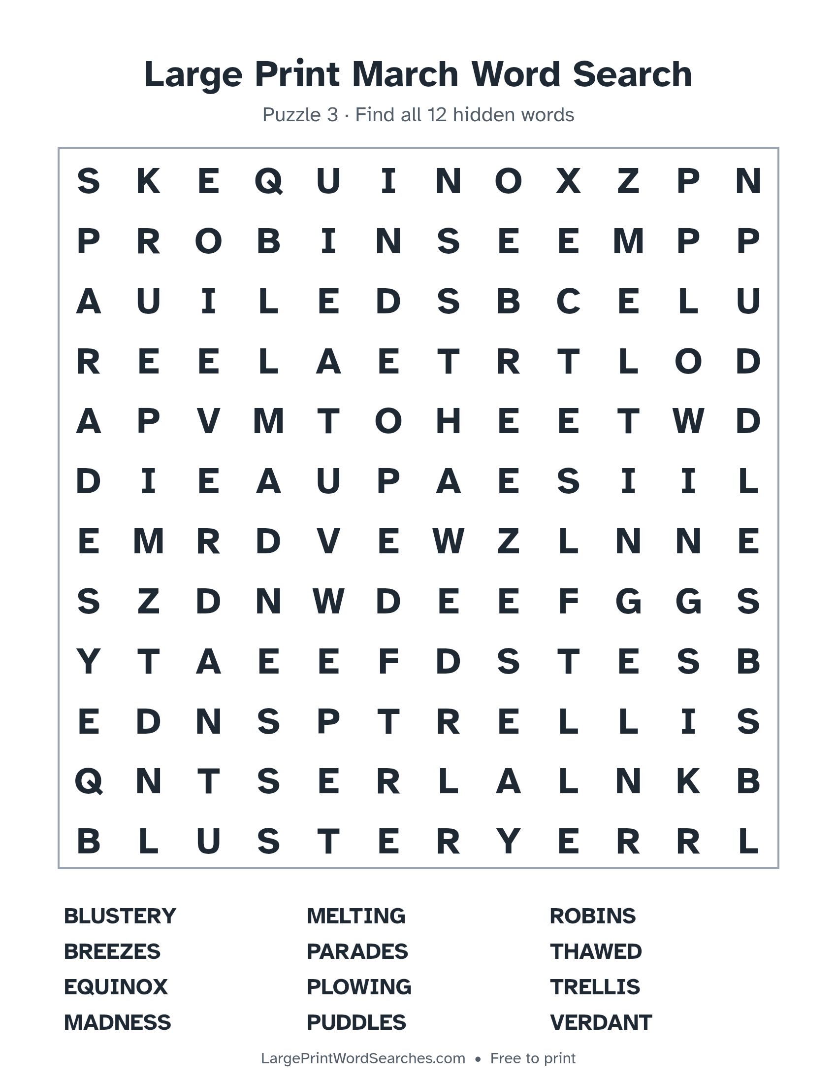 Large Print March Word Search puzzle 3: a 12 by 12 letter grid with 12 hidden words in large print